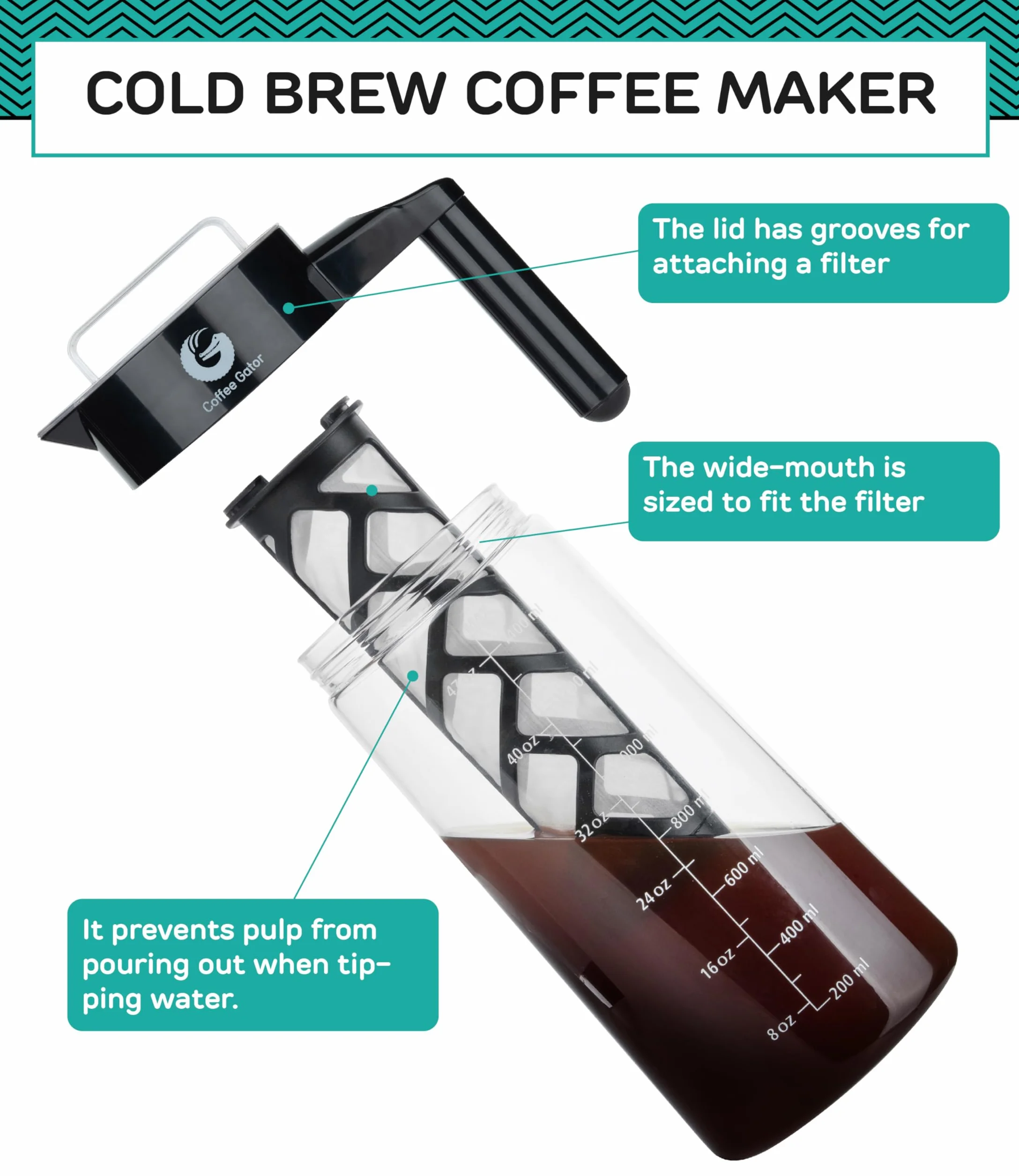 Coffee Gator Ekspres do kawy Cold Brew, filtr bez BPA i szklana karafka, zestaw do parzenia z miarką ze stali nierdzewnej i składanym lejkiem załadunkowym, czarny, 1,4 l