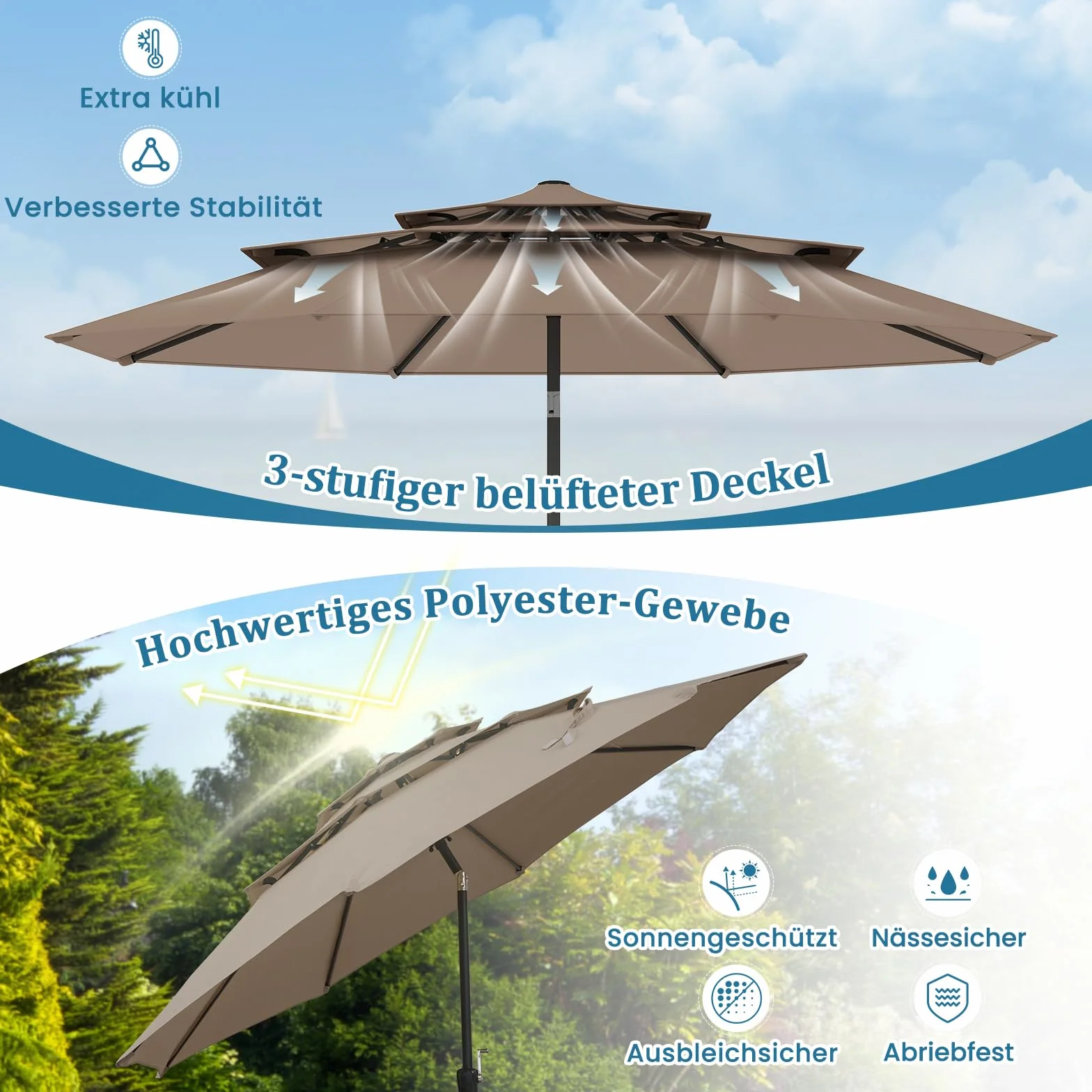 COSTWAY 3-poziomowy parasol przeciwsłoneczny, 300 cm, odporny na wiatr, stabilny, parasol tarasowy z korbą, obustronnie zginany o 30°, parasol balkonowy, wentylowany, do ogrodu, na balkon