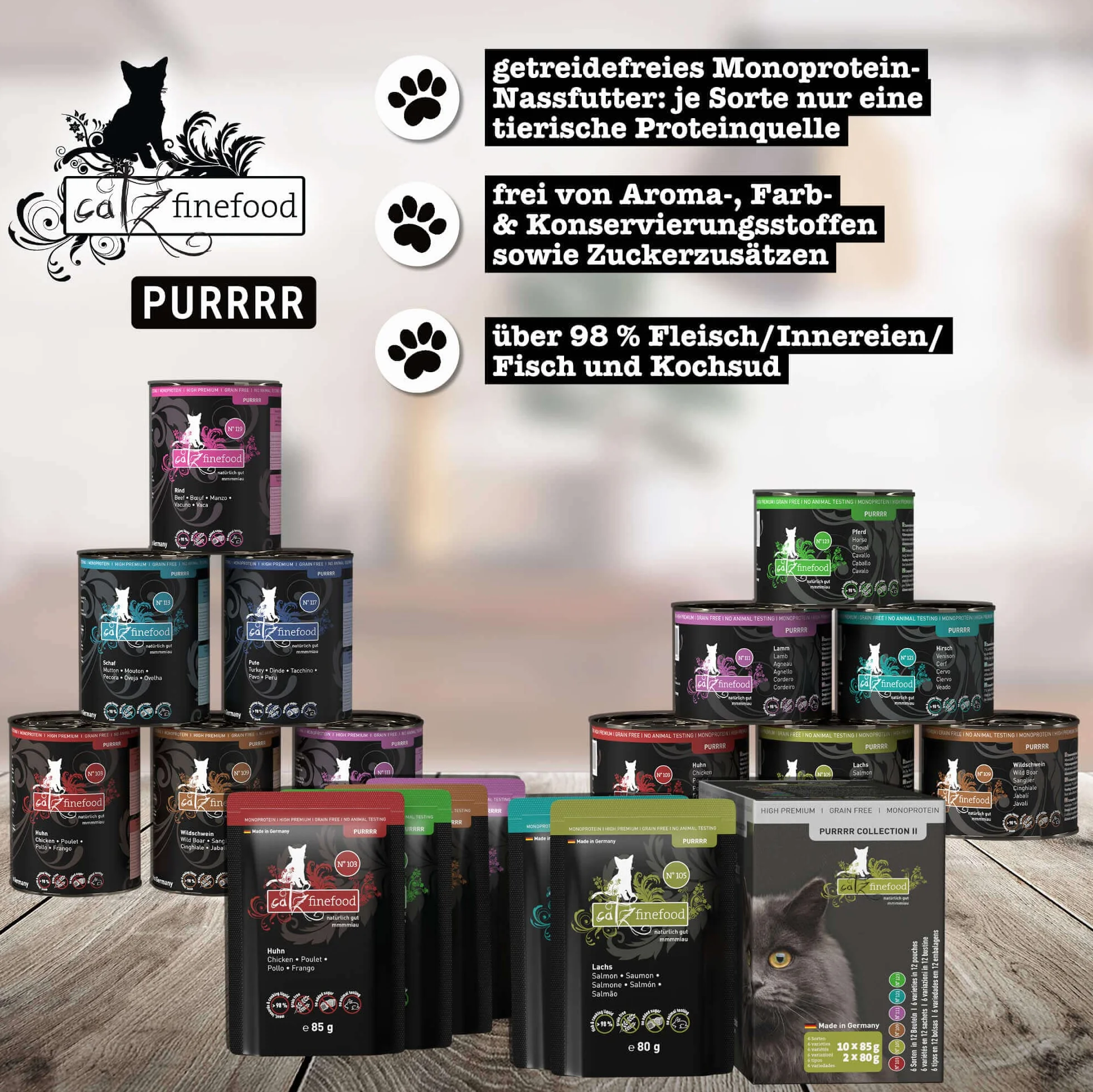 catz finefood Purrrr monoprotein karma dla kotów mokra nr 123, dla kotów wrażliwych na odżywianie, 70% zawartości mięsa, puszka 6 x 400 g