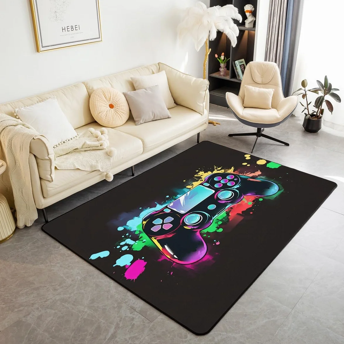 Loussiesd Dywan do salonu dla graczy, 100 x 150 cm, gamingowy dywan akcentujący dla chłopców, dziewcząt, nastolatków, nowoczesny kontroler konsoli do gier, wewnętrzna mata podłogowa, joystick, węgiel,