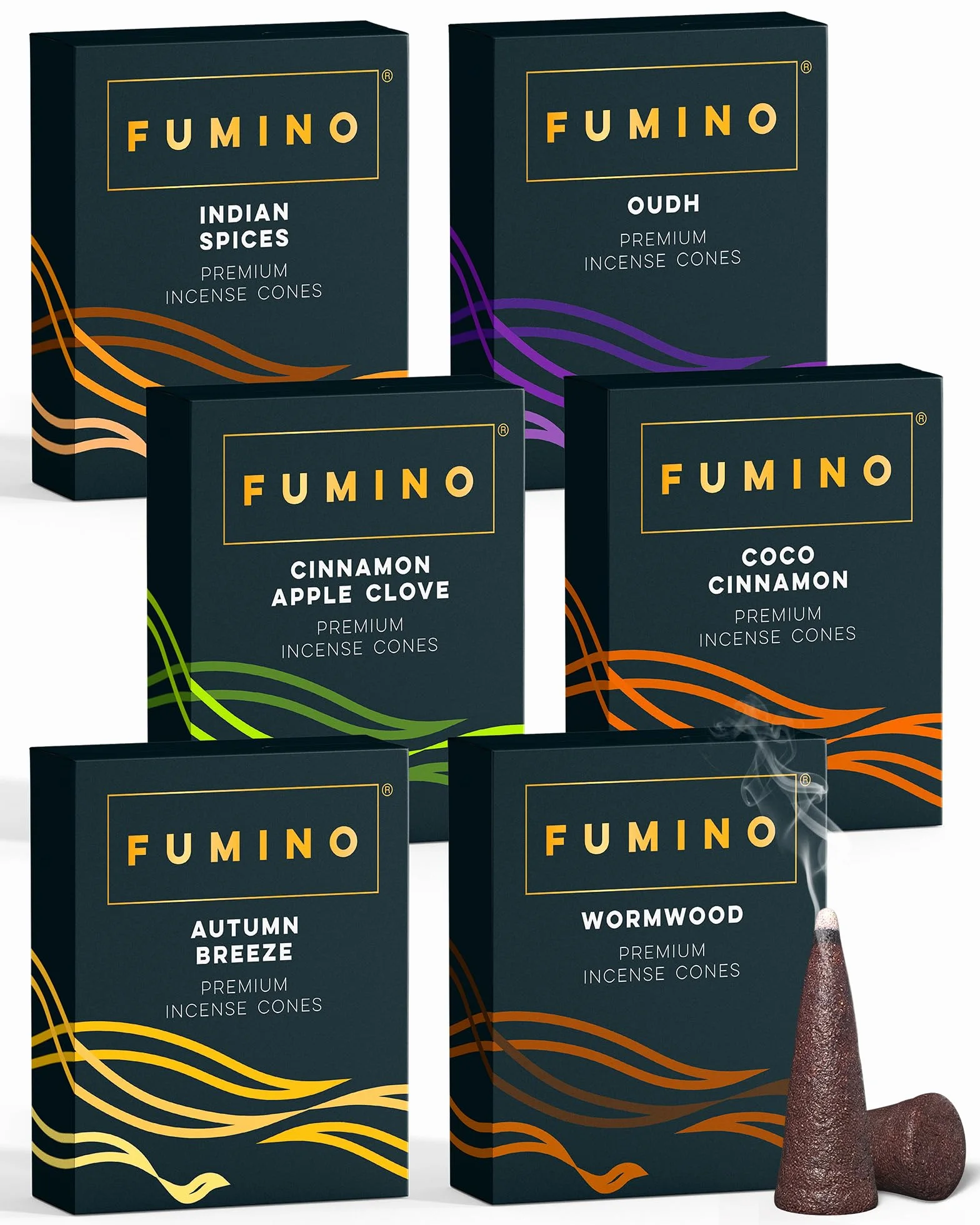 Stożki zapachowe Fumino Fresh – multipack Mróz przy ognisku, zestaw 6 opakowań (90 sztuk), kadzidełka Masala Agarbatti Joss do relaksu i medytacji, zapach do domu