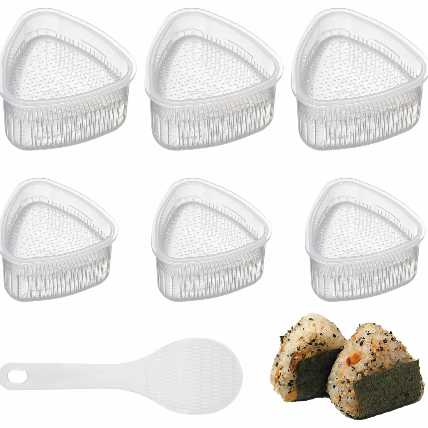 YXHZVON Zestaw 6 trójkątnych foremek do sushi z 1 łyżką do ryżu, do samodzielnego wyciskania Onigiri (3 duże i 3 małe)