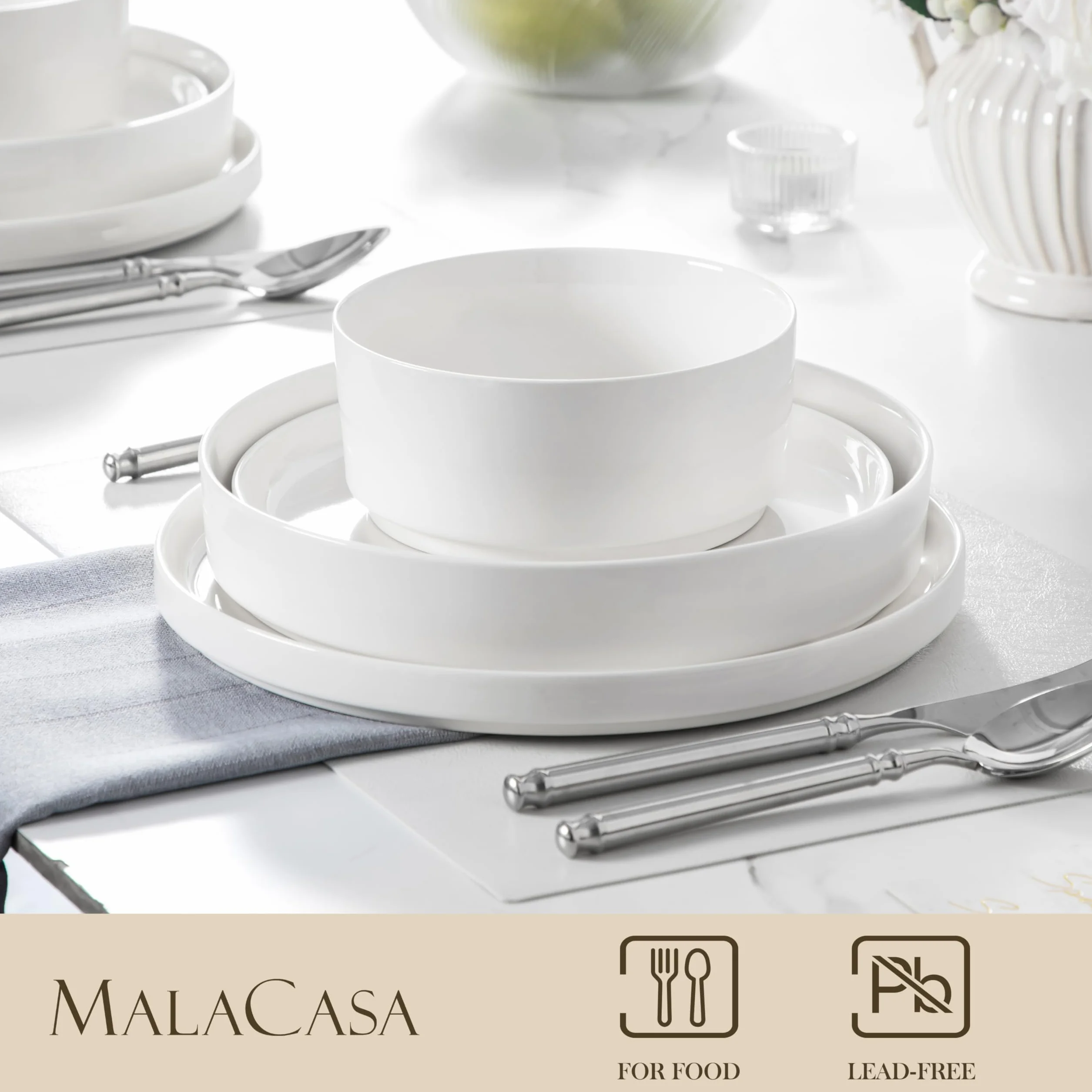 MALACASA 24-częściowy porcelanowy zestaw zastawy stołowej, nowoczesny biały zestaw naczyń dla 6 osób, wysokiej jakości zestawy talerzy i misek, odporne na odpryski i zarysowania zestawy naczyń