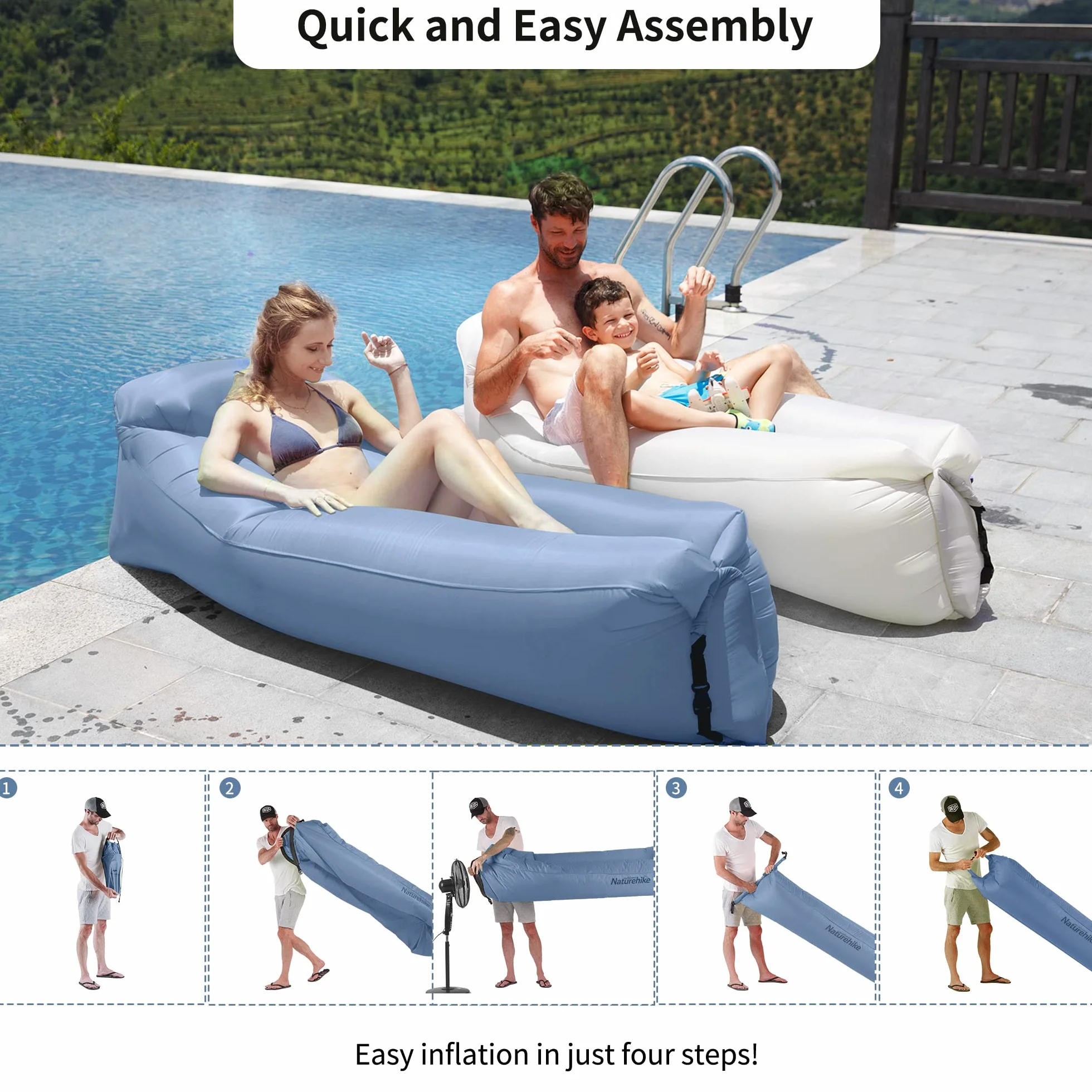 Naturehike Nadmuchiwany rozkładany fotel, wodoodporna nadmuchiwana sofa z przenośnym plecakiem, nadmuchiwane łóżko do kempingu, basenu (niebieski)