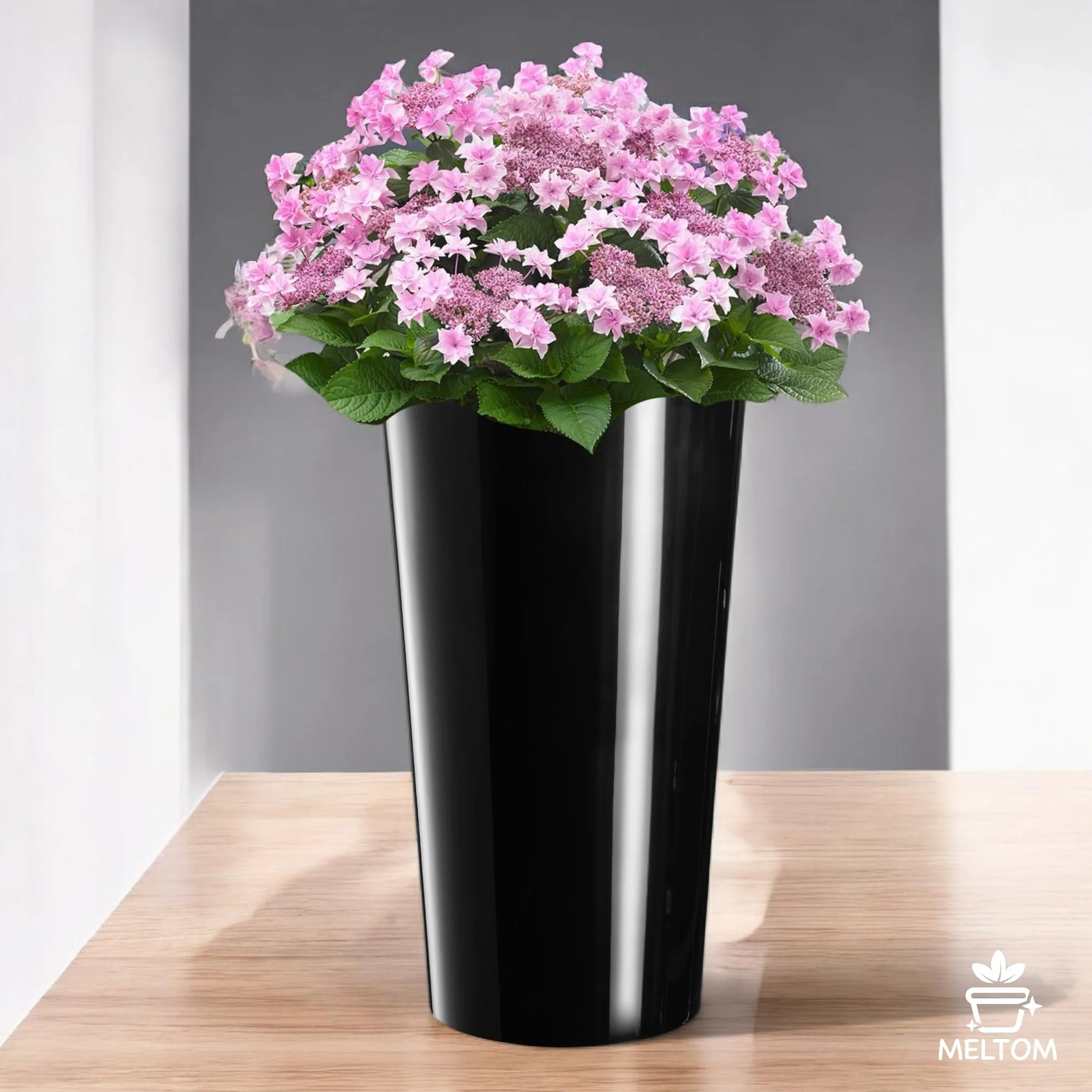 MELTOM Okrągła donica na kwiaty, wysoki połysk, cienka doniczka z wyjmowaną wkładką (czarna, XL-57 cm)