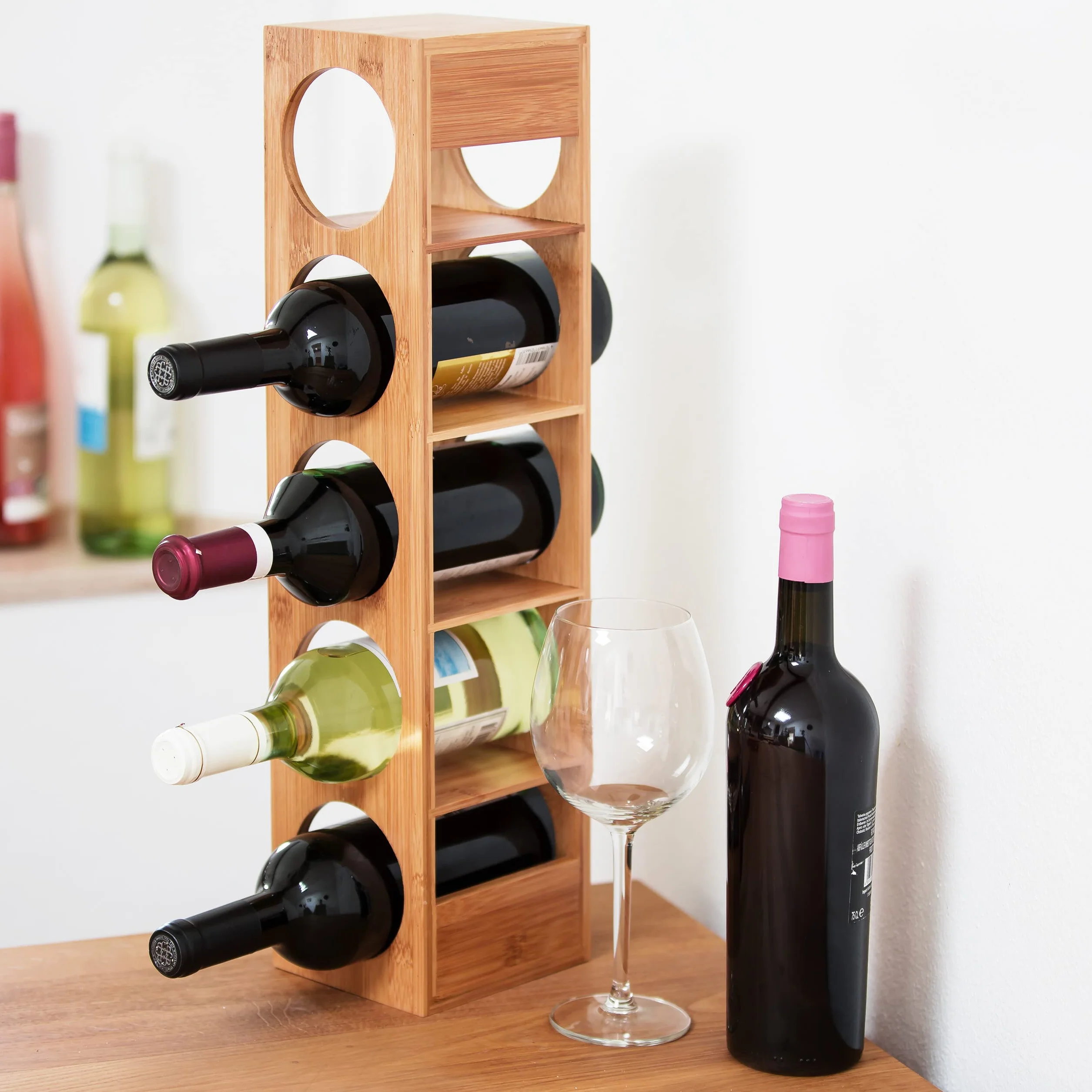 Relaxdays Regał na wino na 5 butelek, zestaw 2 szt., stojak na wino bambus, wys. x gł.: 53 x 14 x 12 cm, stojak na wino stojący, kuchnia, naturalny
