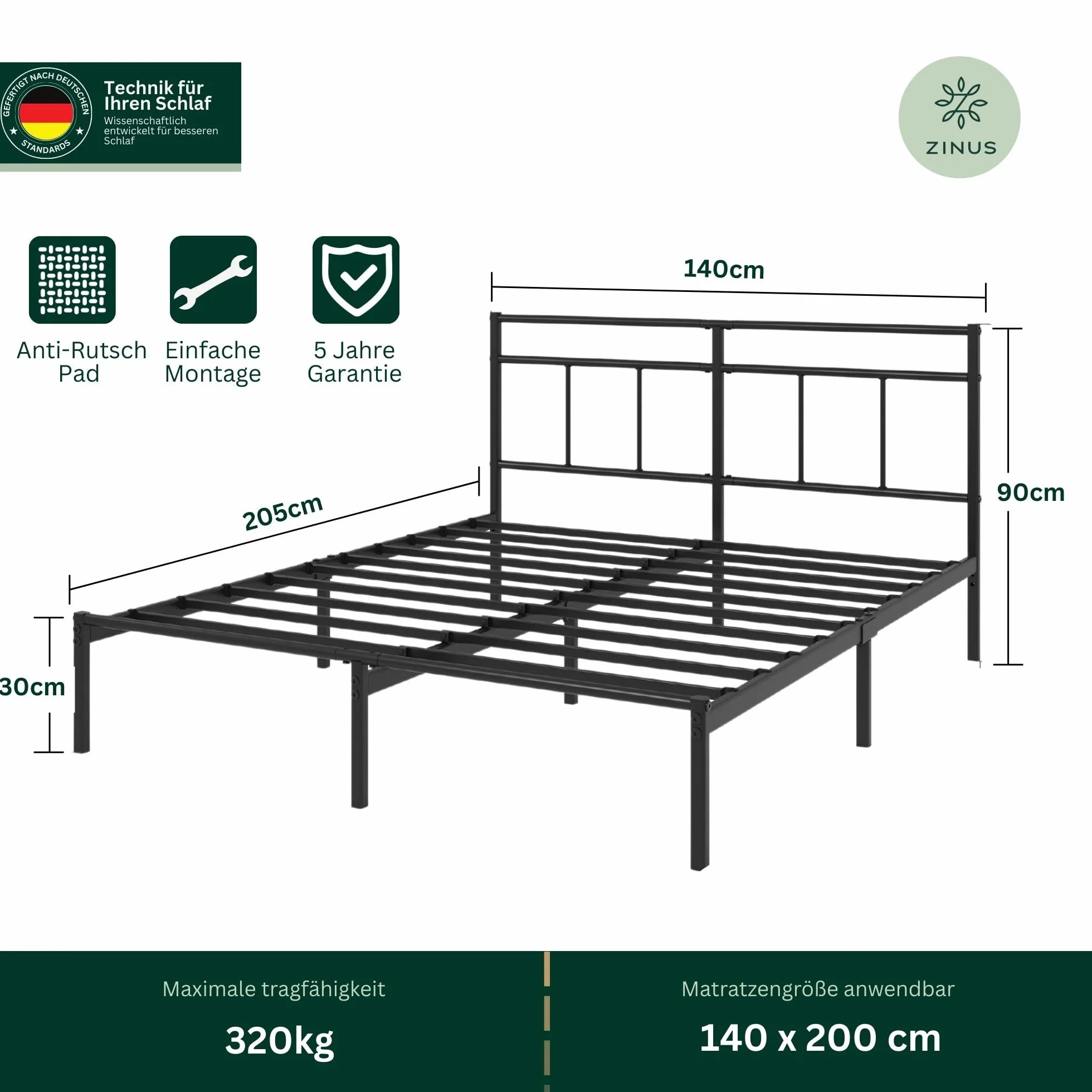 Zinus Elias Łóżko 200 x 140 cm – 30 cm wysokości – metalowa rama łóżka z zagłówkiem – metalowe łóżko ze stelażem – nie wymaga łóżka kontynentalnego, wolna przestrzeń pod łóżkiem, nowoczesne