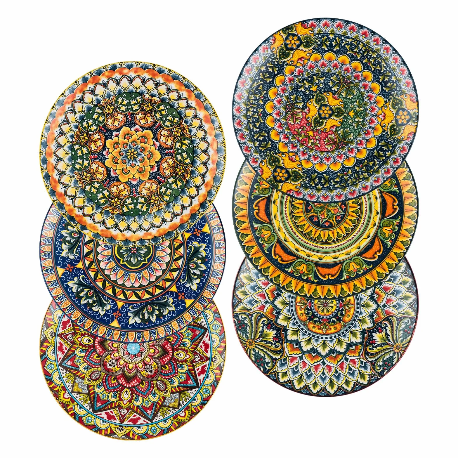 Henten Home Zestaw talerzy – 25 cm, porcelanowe duże okrągłe talerze do jadalni, zestaw 6 sztuk, okrągły talerz na śniadanie/deser ze wzorem, styl boho