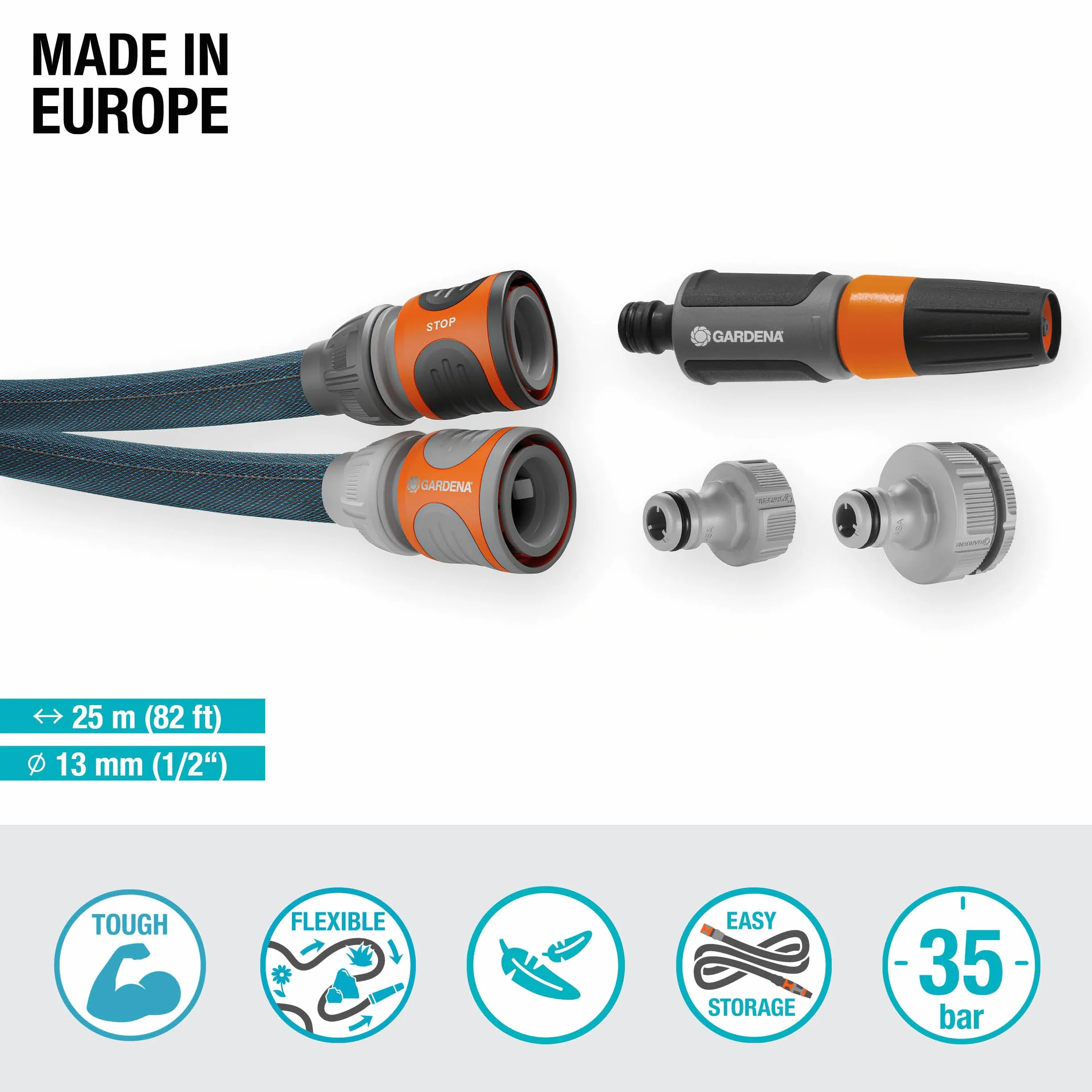 Gardena Liano Xtreme, 1/2 cala, zestaw 25 m: Wytrzymały wąż ogrodowy z materiału, do wew. kurków do wody, z wężem wewnętrznym PVC, niewielki ciężar, odporność na czynniki atmosferyczne (18475-20)