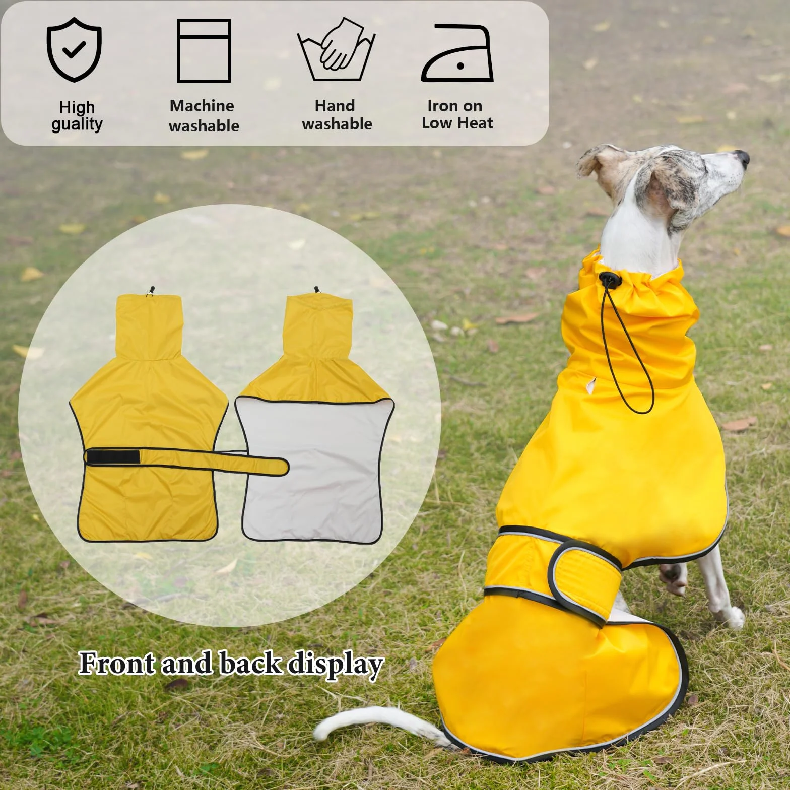 Regulowany płaszcz przeciwdeszczowy z odblaskowymi paskami i otworem na uprząż dla charta, Lurchers and Whippets - Żółty - Rozmiar XXXL