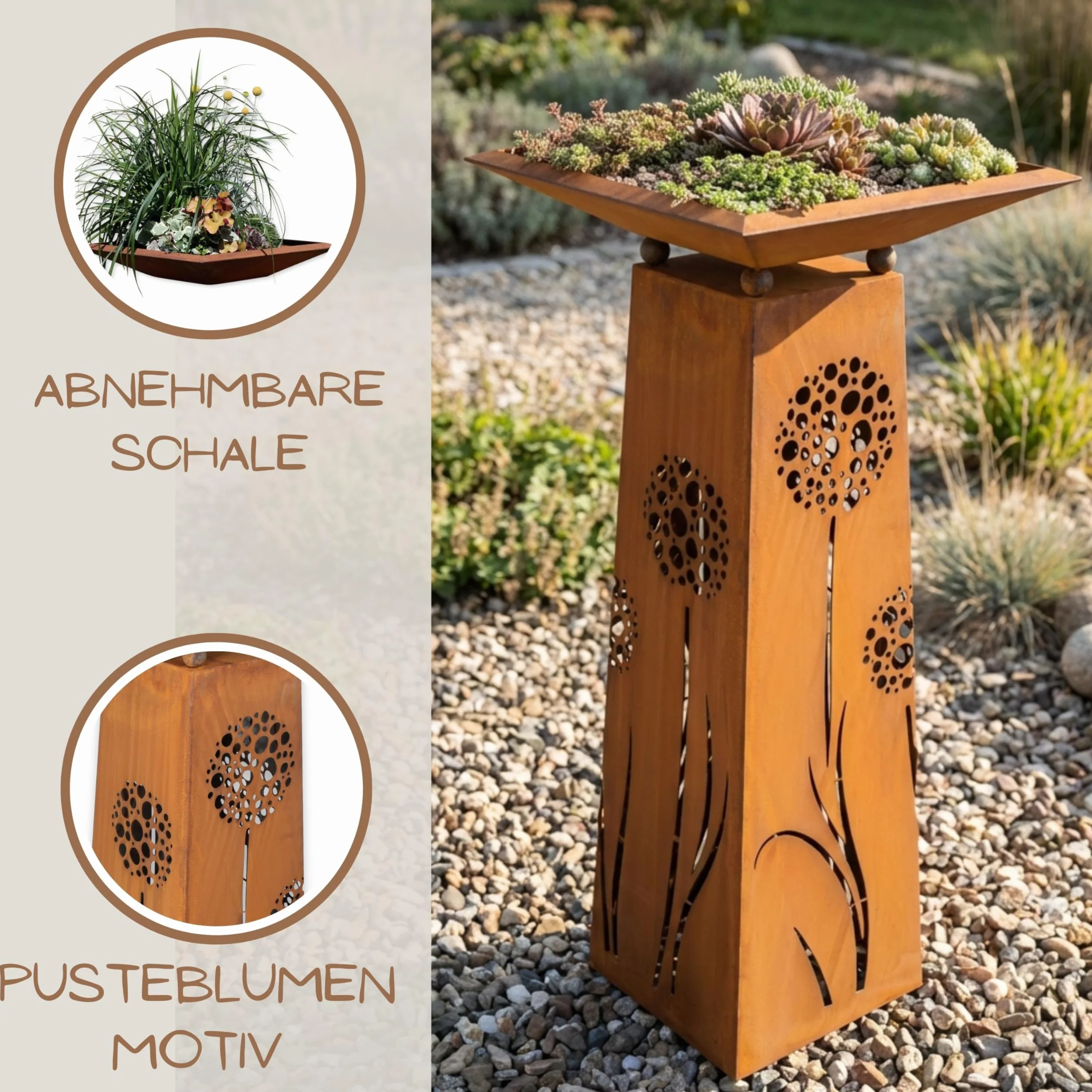 Rostikal | Pflanzsäule Pusteblumen | Gartensäule aus Metall | 1,15 m hoch | mit Schale eckig 50 x 50 cm