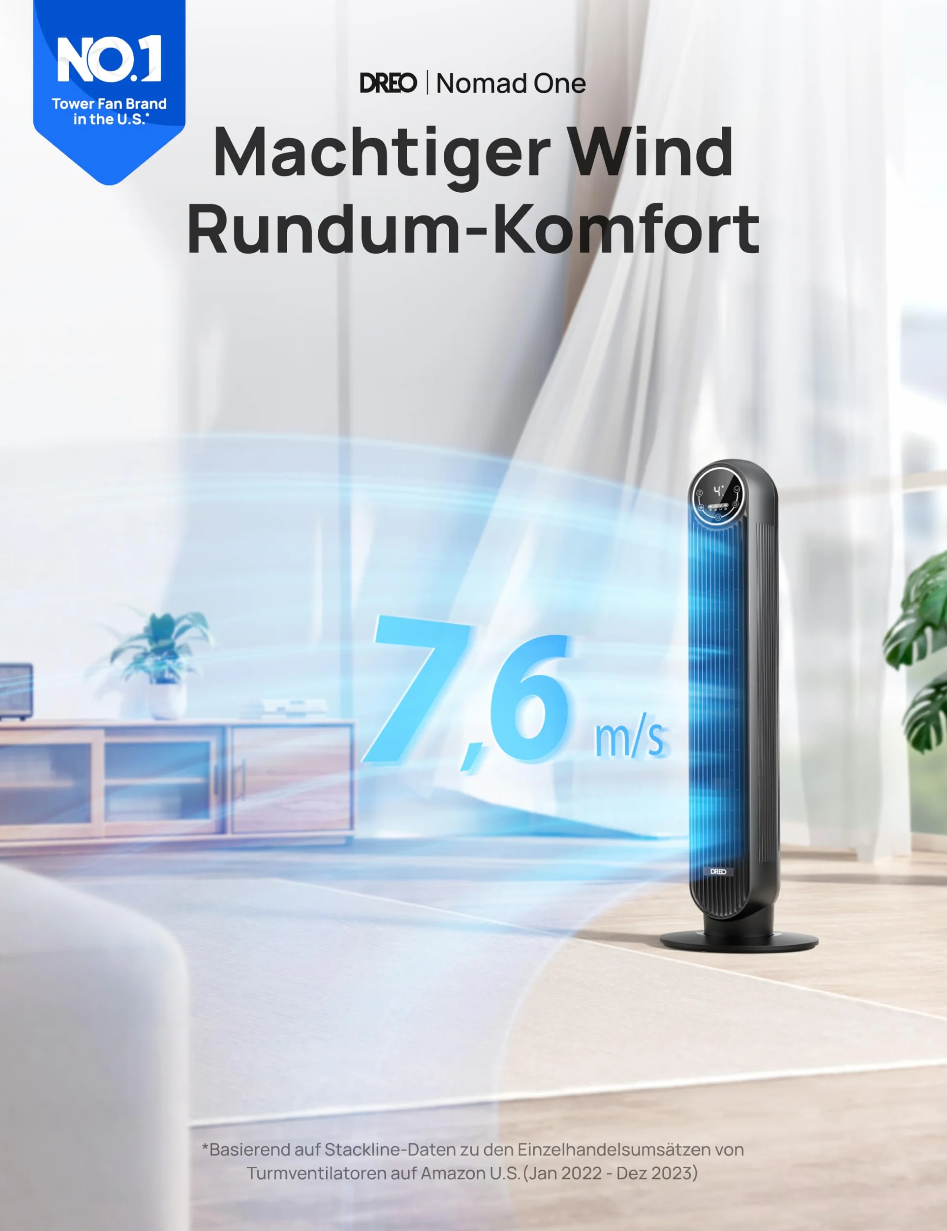 Dreo Inteligentny cichy wentylator kolumnowy, aplikacja i sterowanie głosem, oscylujący 90° wentylator z pilotem zdalnego sterowania, 4 tryby, 4 prędkości, timer 8 godzin, Nomad One S, czarny