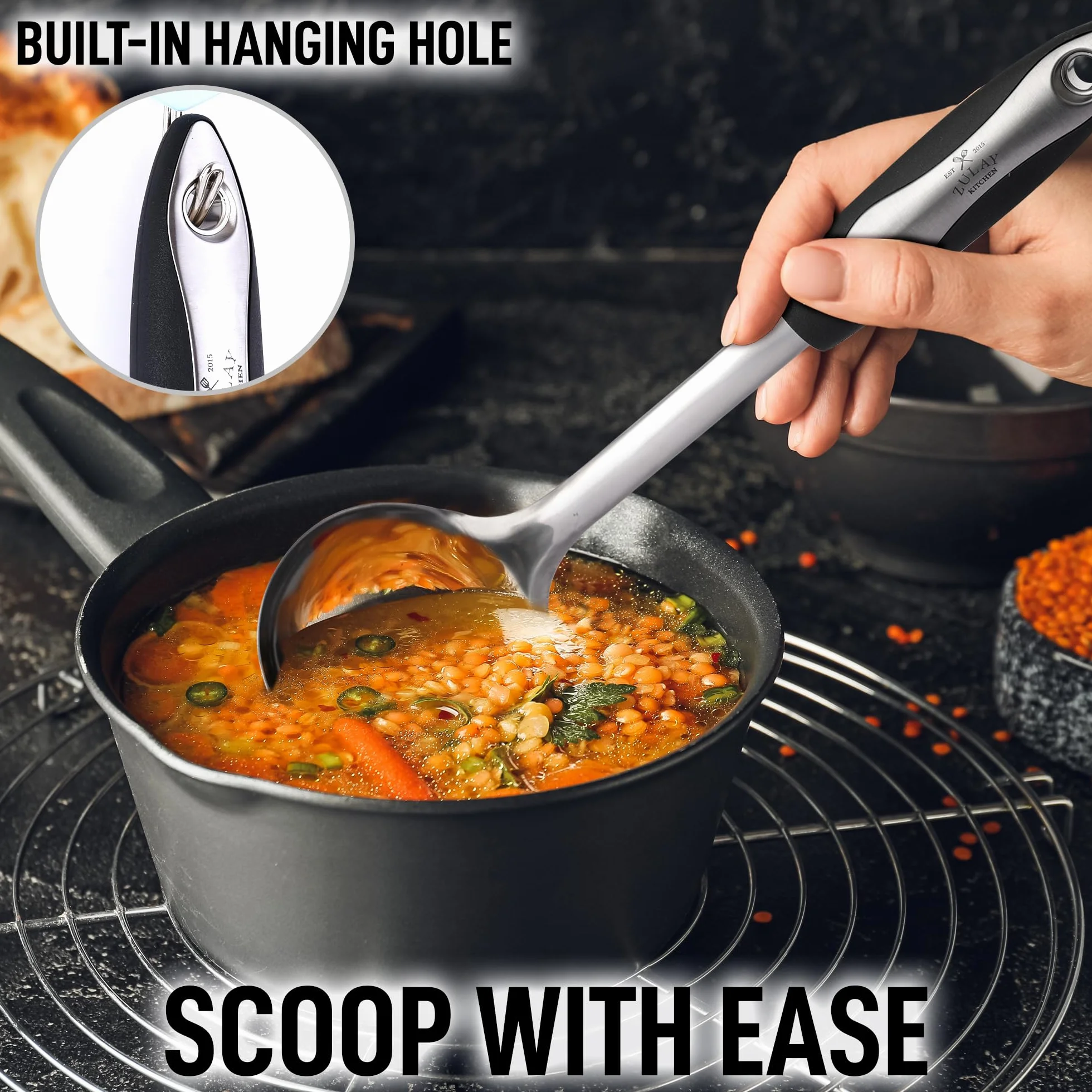 Zulay Kitchen Chochla do zupy ze stali nierdzewnej – idealna do serwowania gulaszu, chili i bulionu – 30 cm z silikonowym uchwytem
