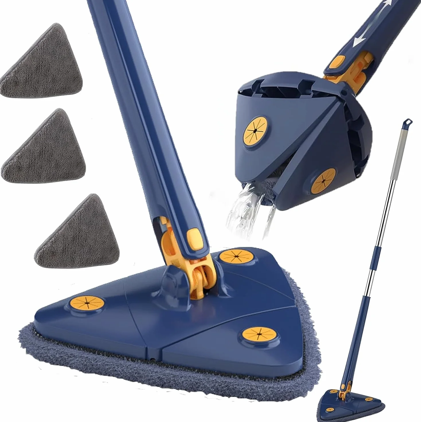 Regulowany mop czyszczący o 360° z 4 wymiennymi podkładkami – trójkątny mop z mikrofibry z długim uchwytem i łatwym do ściskania – szczotka z mikrofibry do podłogi i sufitu