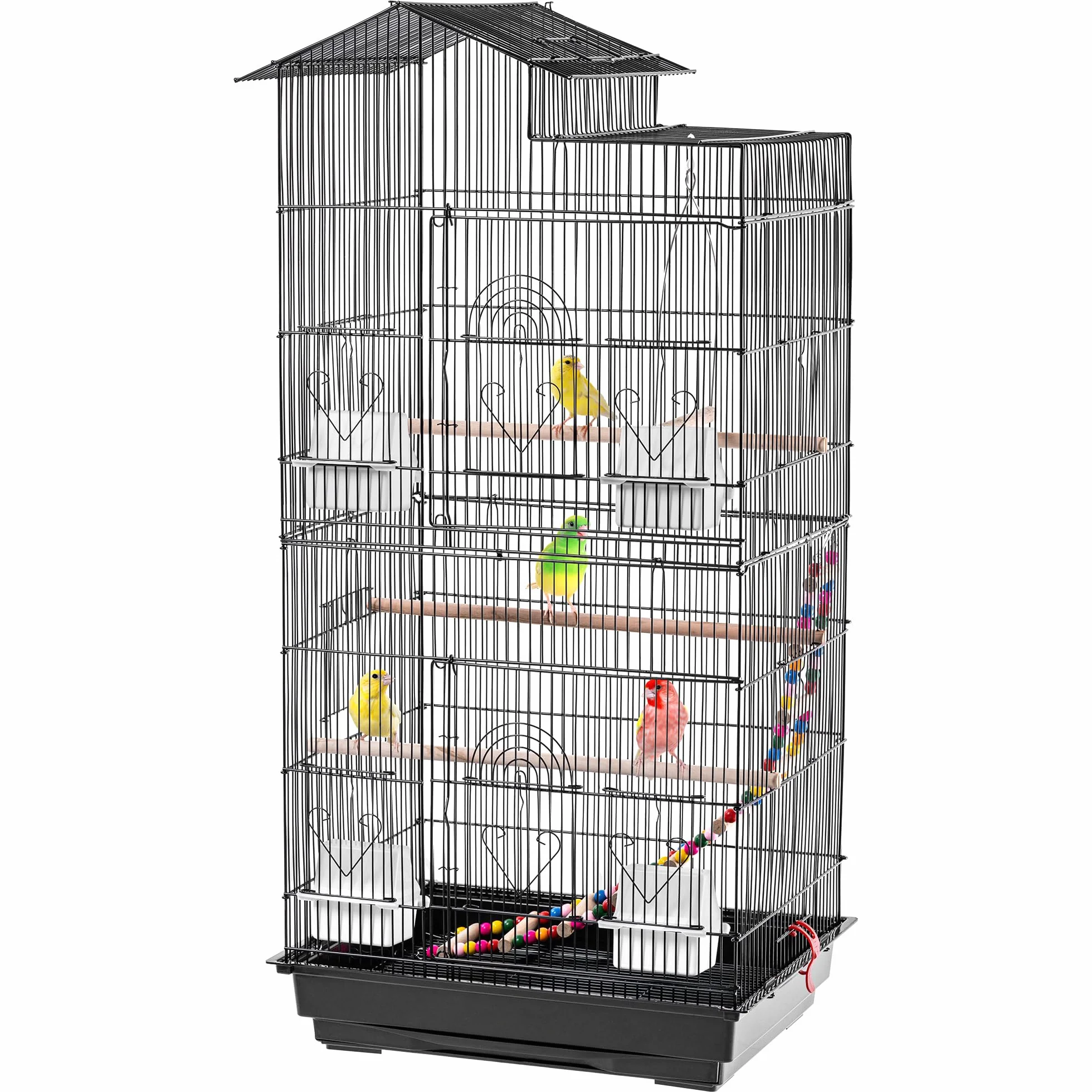 KADAX Woliera dla ptaków 46 x 36 x 100 cm, klatka dla ptaków z drążkami do siedzenia, drabiną, huśtawką i miską na karmę, domek dla ptaków z metalu, duża klatka na papugi faliste