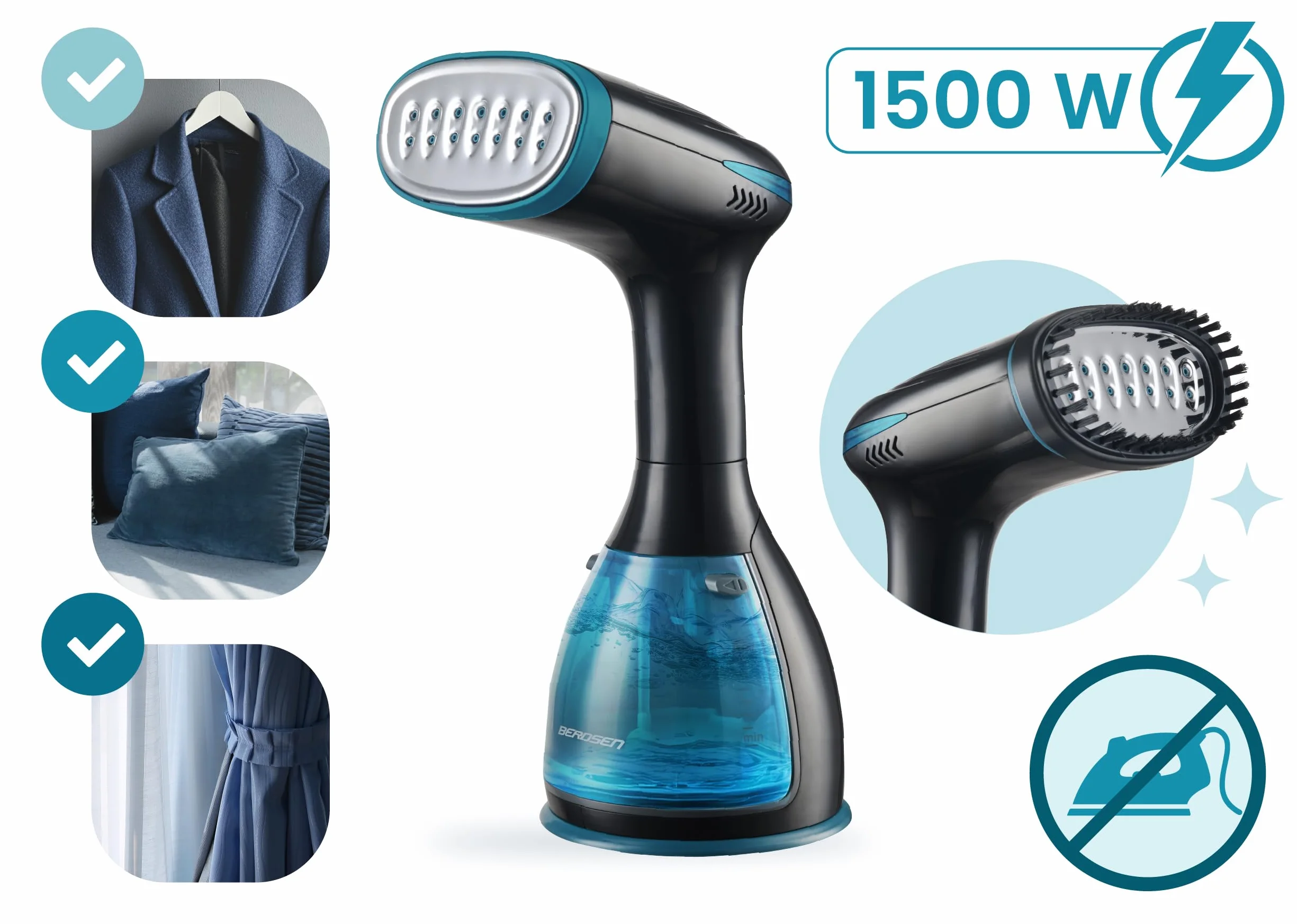 Berdsen Parownica do Ubrań - 1500W 32g/min - Steamer - Podróżne Żelazko Parowe - Przenośna i Kompaktowa - Czarna