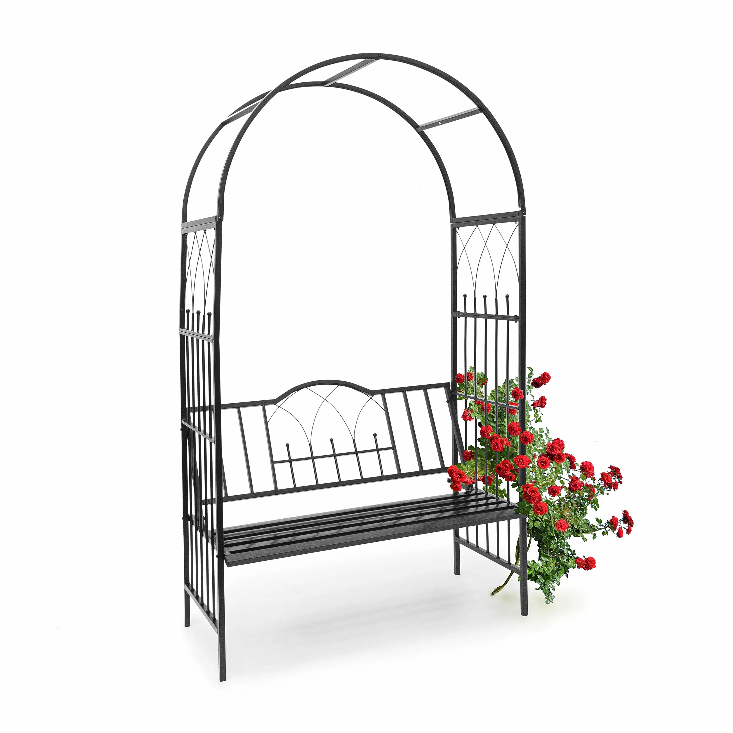 Relaxdays 10020032 pergola z ławką, wys. x szer. x gł.: 203 x 114,5 x 59 cm, kratka do roślin pnących z malowanego proszkowo żelaza z ławką dla 2 osób i piękna ozdoba dla roślin pnących, kolor czarny, 10020032