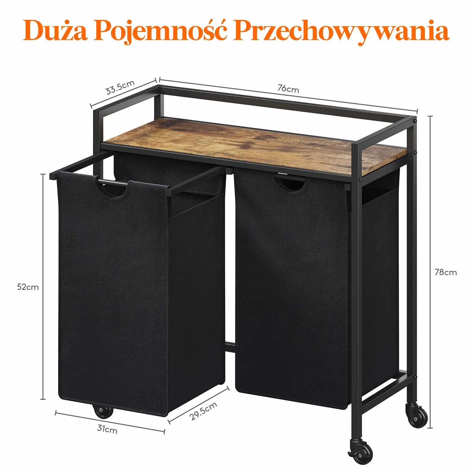Lifewit Kosz na pranie z kółkami, 2-sekcyjny wysuwany kosz na pranie o pojemności 95 l z dużą górną półką i 2 wyjmowanymi torbami i uchwytami, sortownik koszy na pranie do pralni, sypialni, czarny