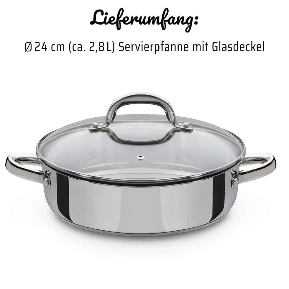 GSW Stahlwaren GmbH patelnia do serwowania ze stali nierdzewnej, srebrna/przezroczysta, 24 x 7 cm, 2,8 l