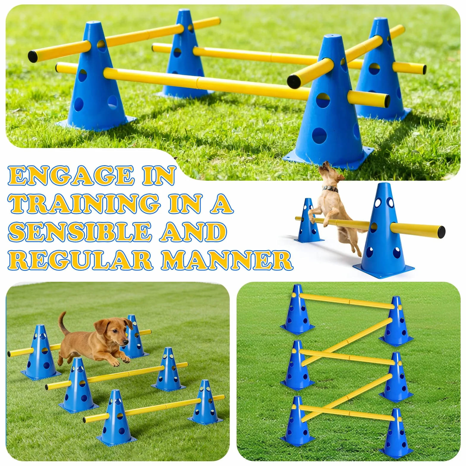Agility Zestaw praktycznych przeszkód wtykowych dla psów, duże płotki Cavaletti, zestaw płotek dla, regulowane płotki do gry w piłkę nożną, sporty konne (8 stożków o wysokości 23 cm + 8 drążków