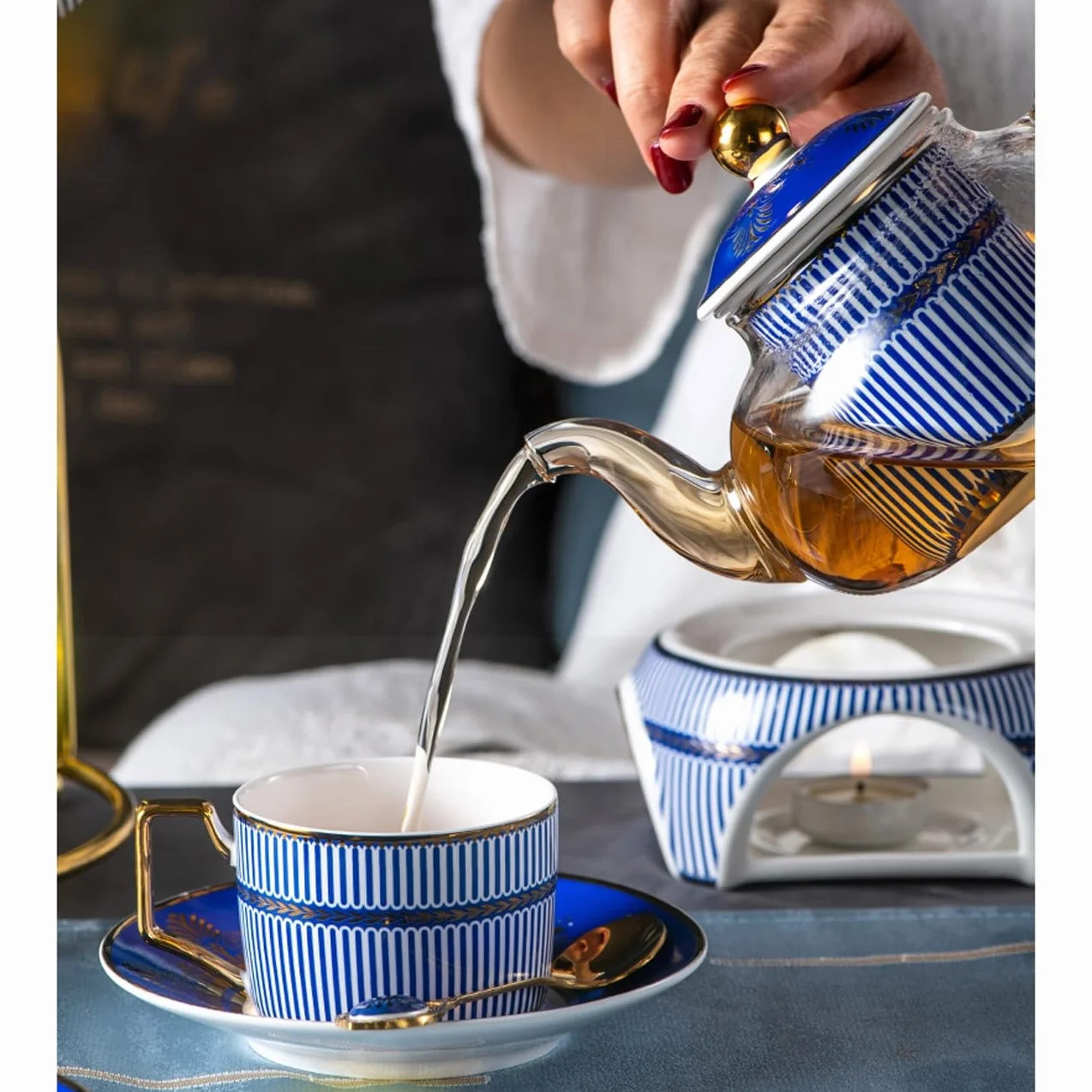 Zestaw do herbaty z porcelany kostnej z metalowym uchwytem, herbata kwiatowa, herbata owocowa, popołudniowa herbata, porcelanowe zestawy ze szklanym czajnikiem i podgrzewaczem, prezenty dla miłośnika