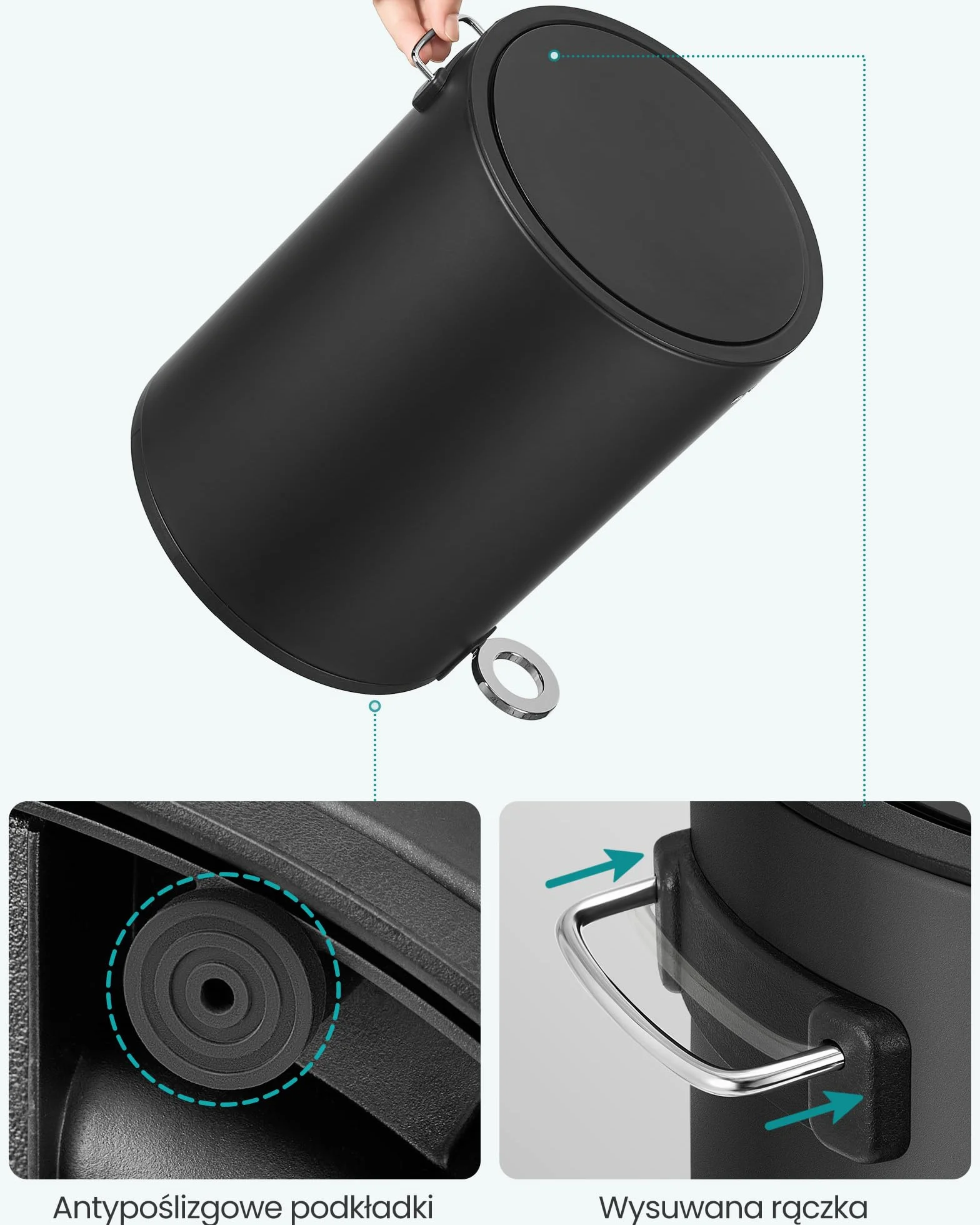 SONGMICS LTB012BZ01 Kosz łazienkowy z pokrywką, kosz na kosmetyki, 6 l, mały kosz na śmieci, miękkie zamykanie, wyjmowane plastikowe wiadro wewnętrzne, do sypialni, biura, stal, czarny atrament