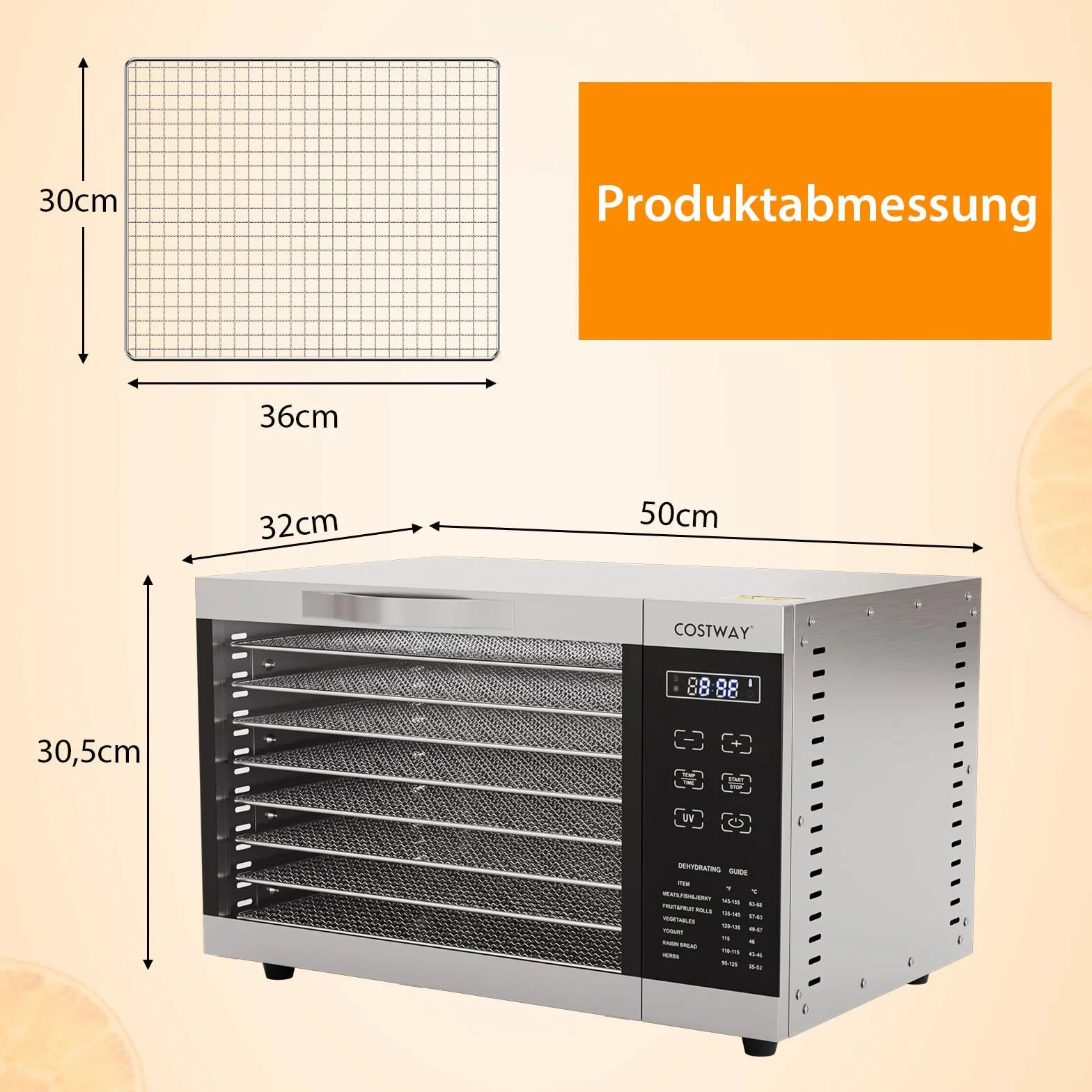COSTWAY Suszarka do dywanów z 8 przegródkami, suszarka 620 W, regulacja temperatury 30-70°C i 24-godzinny timer, ochrona przed przegrzaniem i przeciążeniem, suszarka do dywanów do owoców, mięsa i