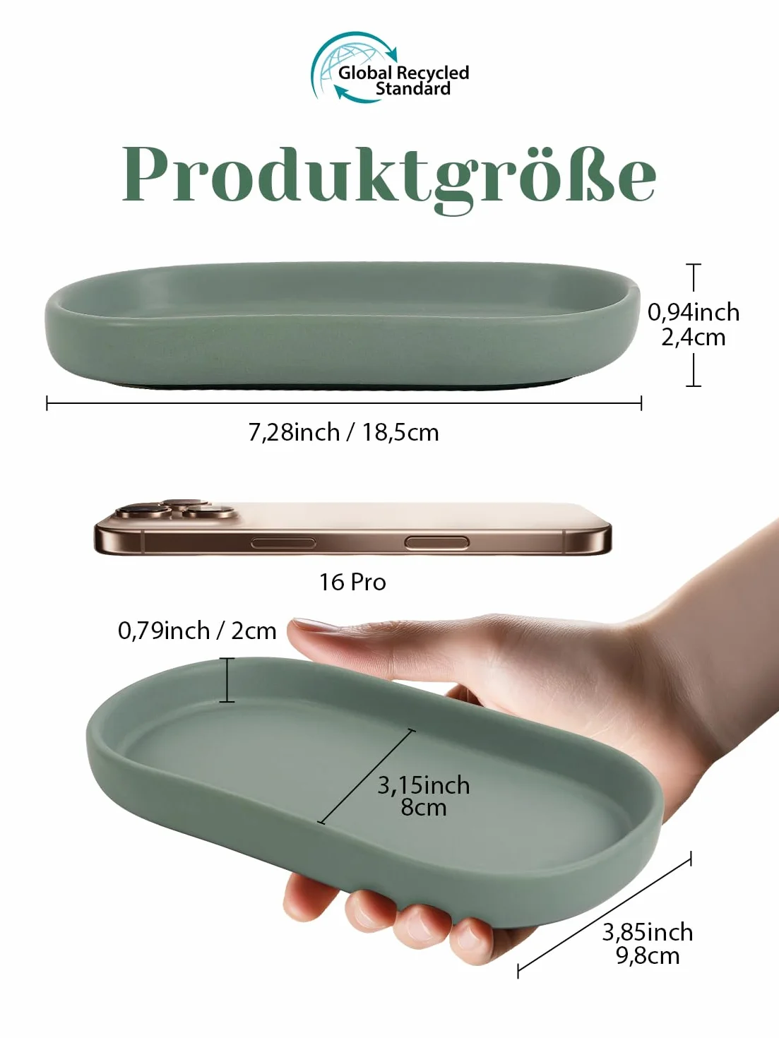 Łazienkowa taca dekoracyjna, ceramiczna taca dekoracyjna, mała owalna taca do toalety i umywalki, wanny, zlewu kuchennego - zielona