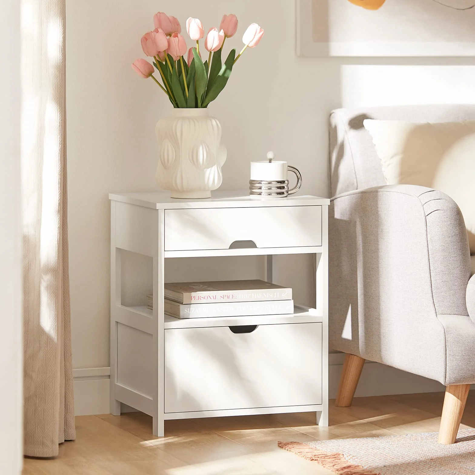SoBuy Stolik Nocny z 2 Szufladami i Półką, Stoliczek do Sypialni - Nowoczesny Mebel do Przechowywania S45 x G38 x W55 cm Biały FRG258-II-W