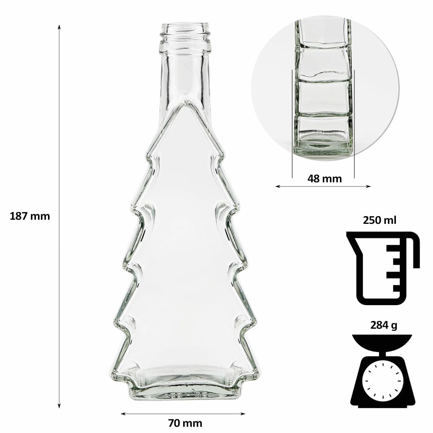 Szklane butelki choinkowe 250 ml – 5 sztuk – puste szklane butelki z korkiem do napełniania likierów, nalewek, syropów lub prezentów (drzewko bożonarodzeniowe 250 ml x 5 sztuk)