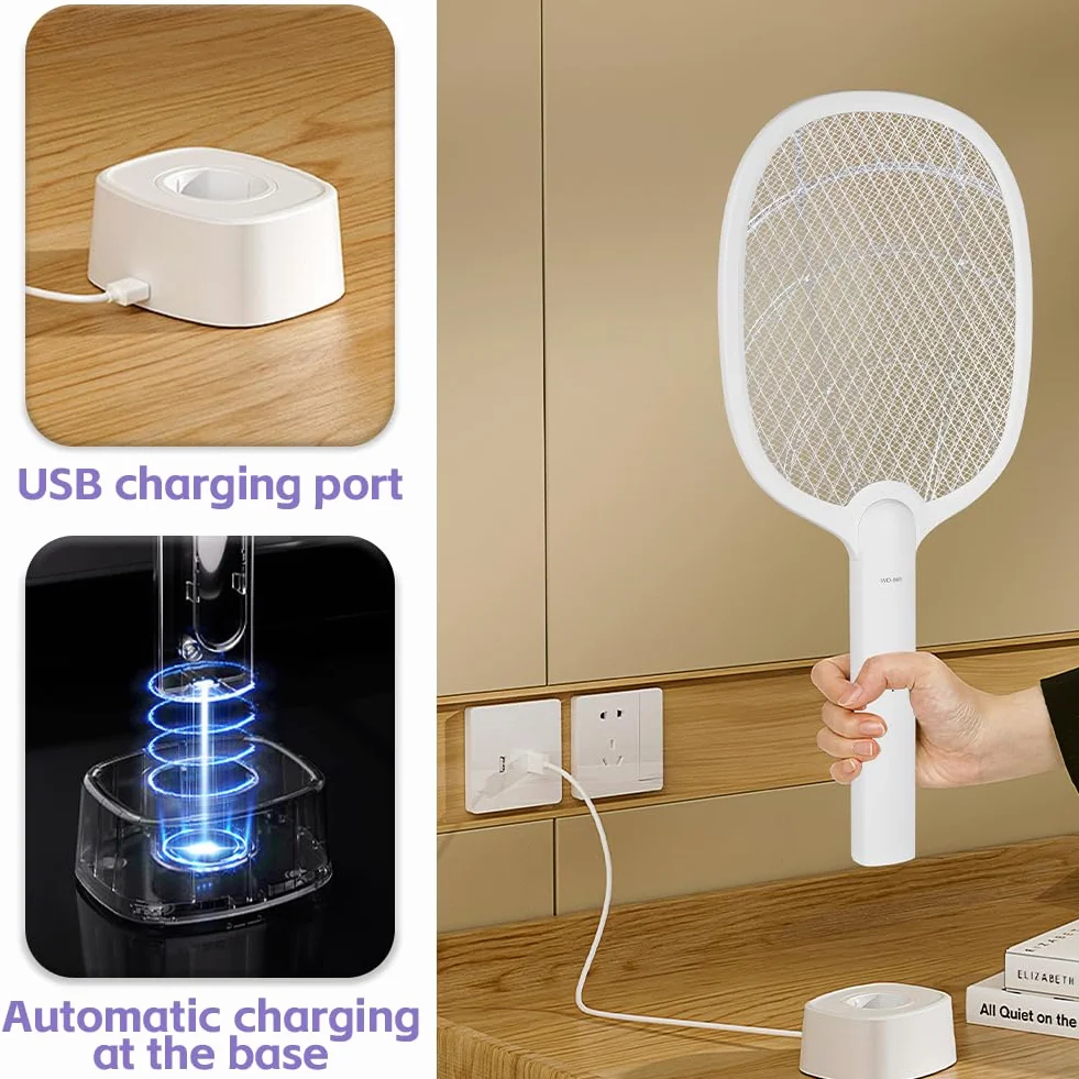 AOOWU Elektryczna rakieta na owady, 3800 V USB z akumulatorem, elektryczna rakieta na komary, 2 w 1, przenośna rakieta przeciw komarom z podstawą do użytku wewnątrz i na zewnątrz