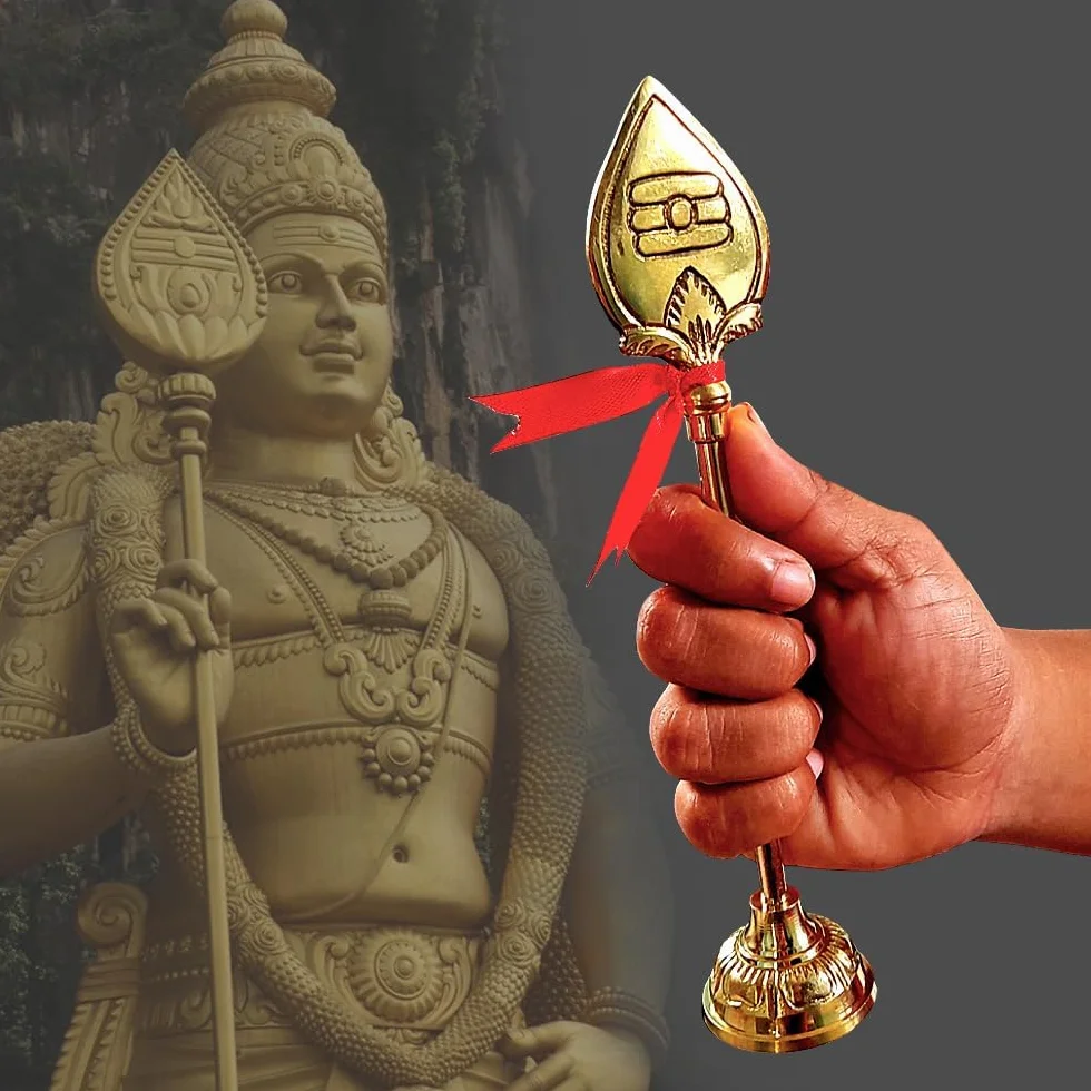 Mosiężny Murugan Vel, tradycyjny stojak lorda Murugana Vel na Pooja i wystrój domu, hinduski bóg Vel Idol, złoty mosiężny posąg Vel (20 cm), prezenty i duchowa dekoracja