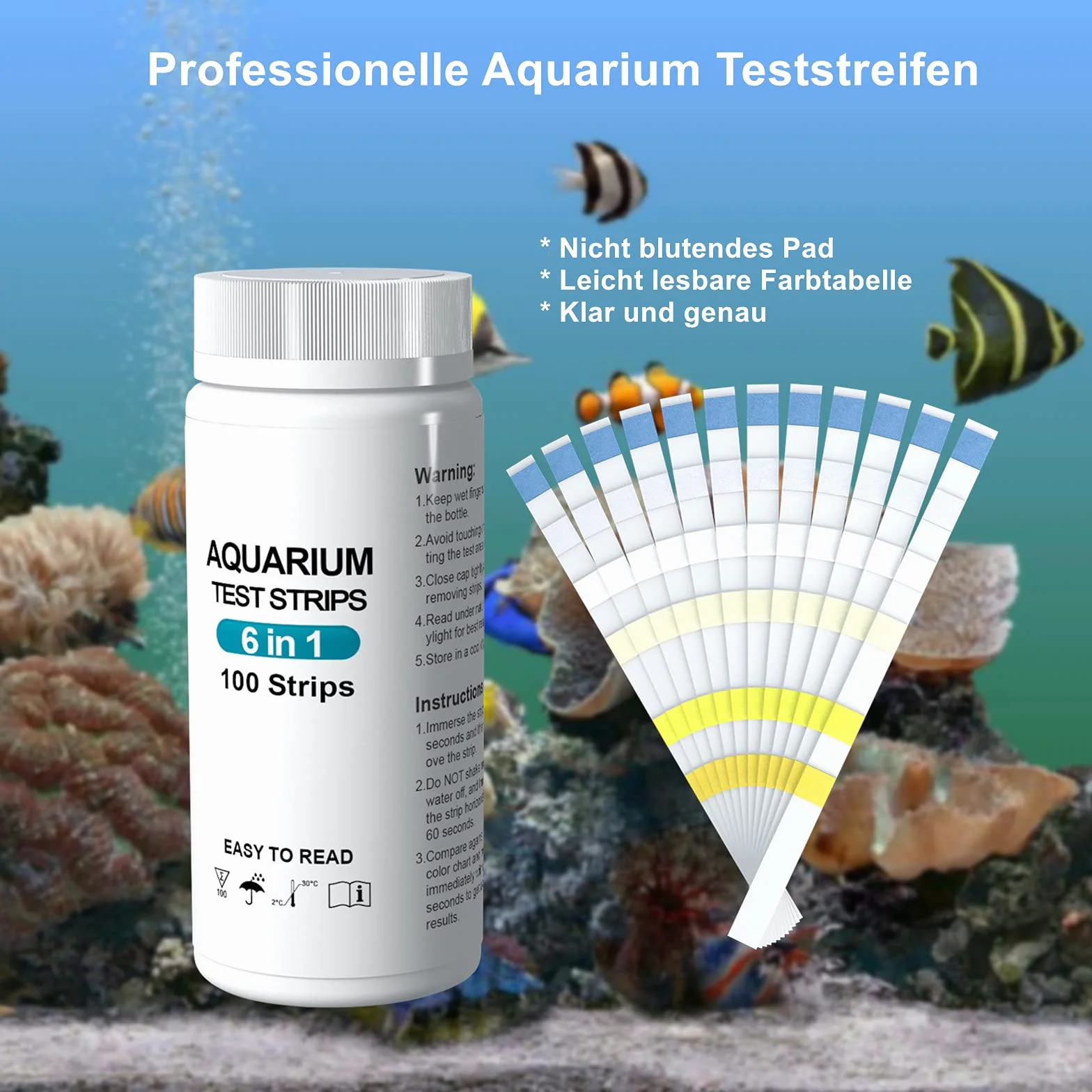 Paski testowe do akwarium 6w1, 100 sztuk, test pH, azotan, chlor, twardość węglanowa, woda słodka i słona