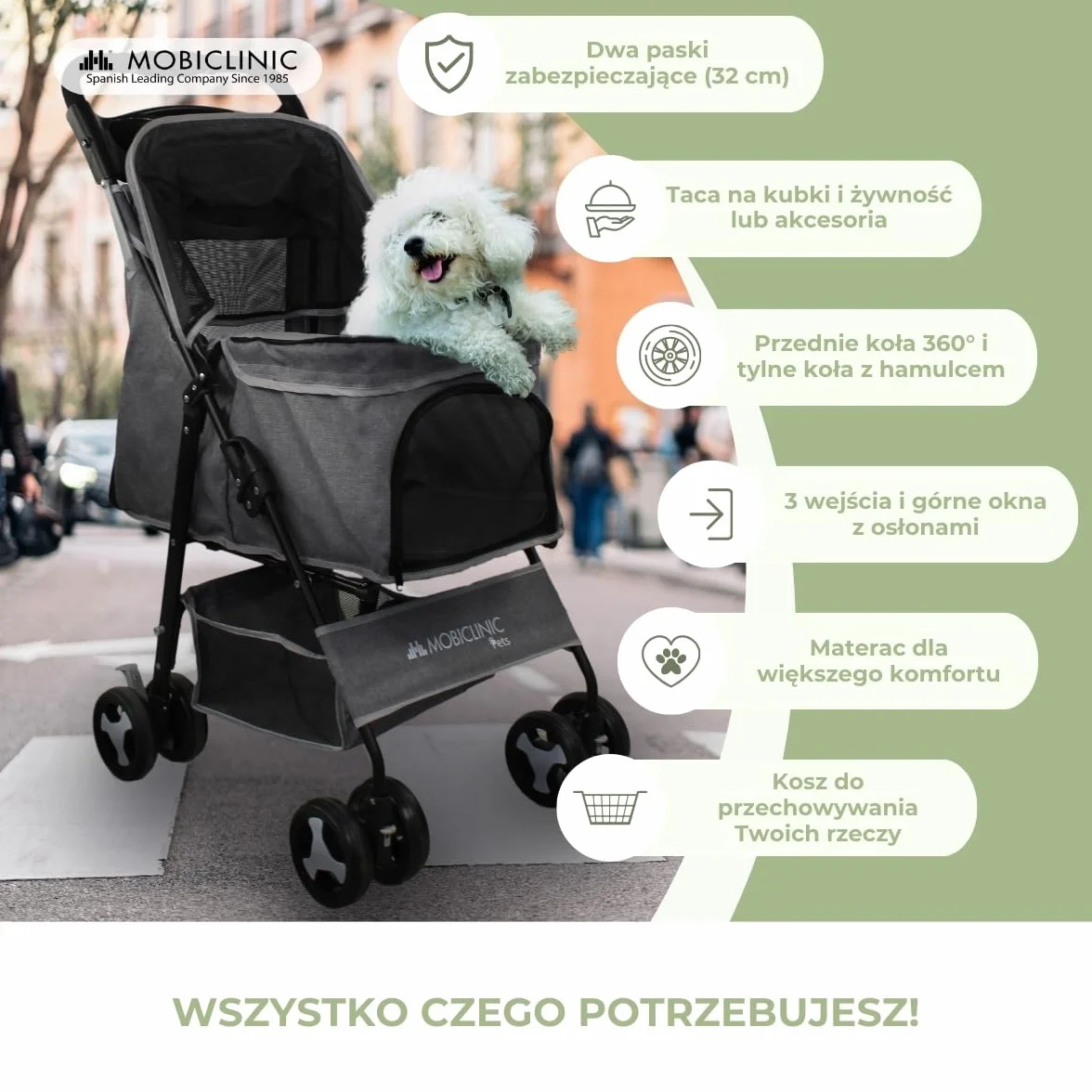 Mobiclinic®, Składany wózek dla psa, Do 15 kg, Małych Psów, Koł z hamulcami 360°, Kosz xl, 3 Okna Zamkiem Błyskawicznym i Moskitierą, Zuma (Szary)