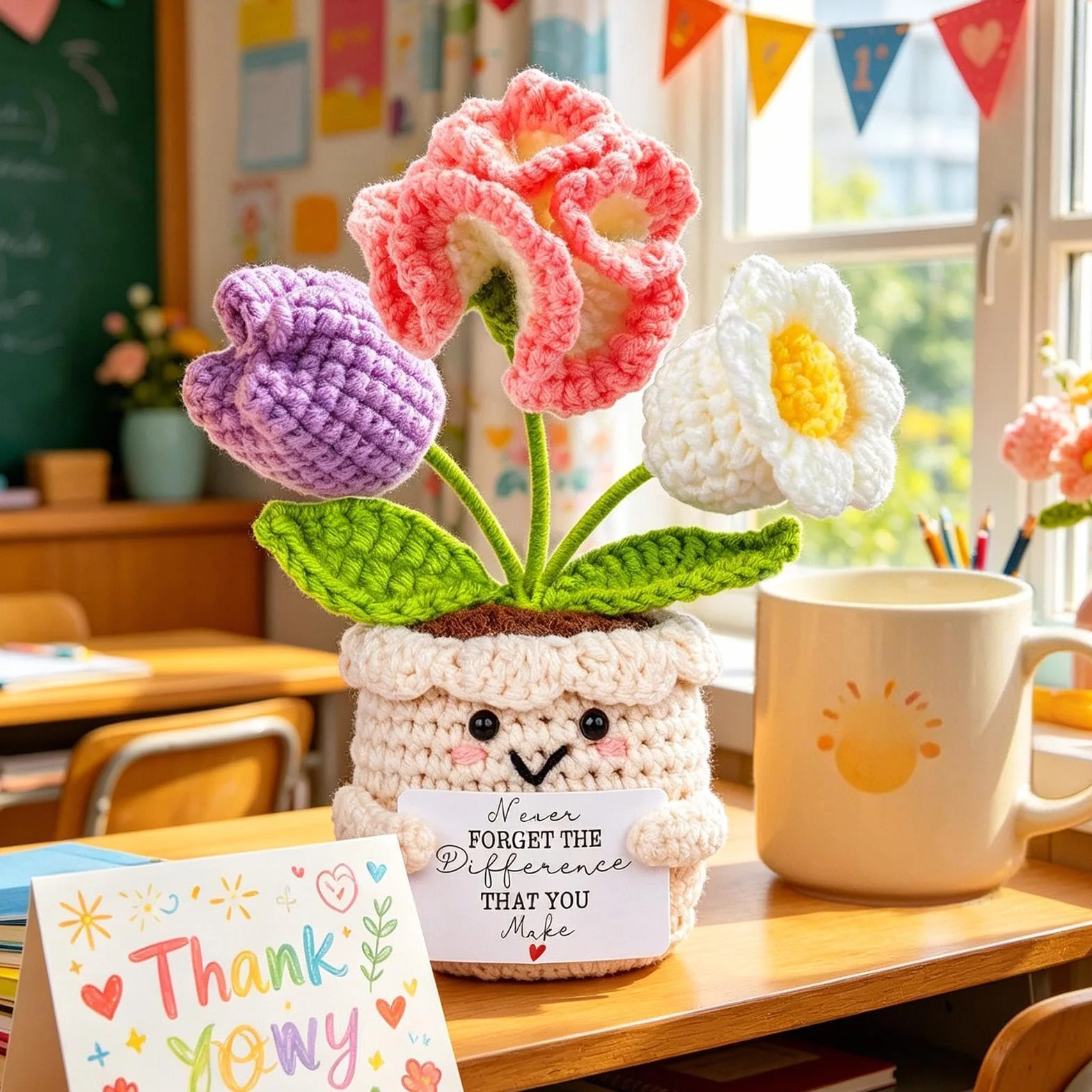 Crochet Bouquet - Handmade Teacher Appreciation for Desk Decor Card | Crochet Flower with Plant Arrangement, Handmade Gift for Women Men Students Coworkers Classroom Office Display