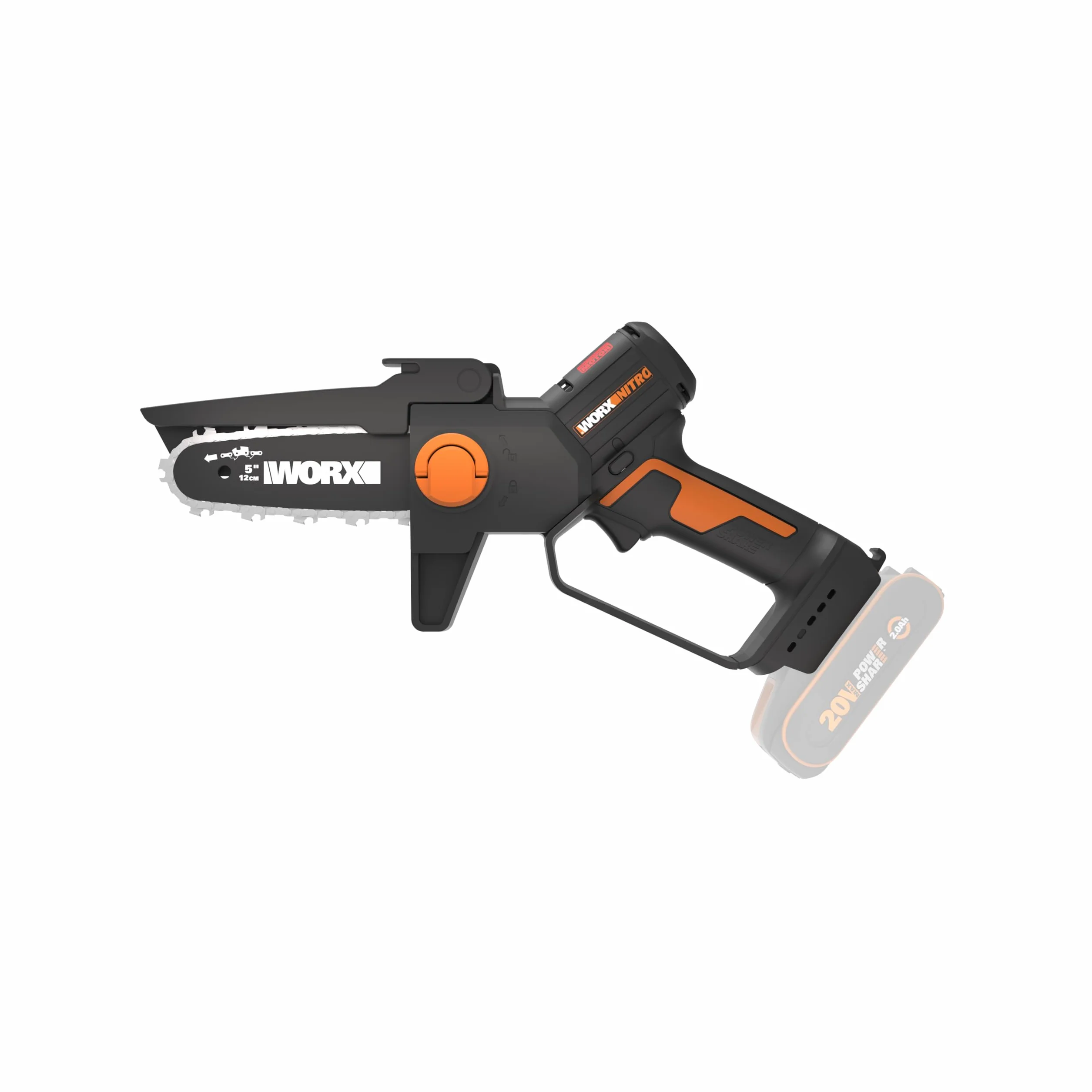 WORX WG325E.9 Nitro Mini piła łańcuchowa 20 V – jednoręczna piła łańcuchowa – wydajny silnik bezszczotkowy – długość miecza 12 cm – lekka i kompaktowa – automatyczne smarowanie łańcucha – bez akumulatora i ładowarki