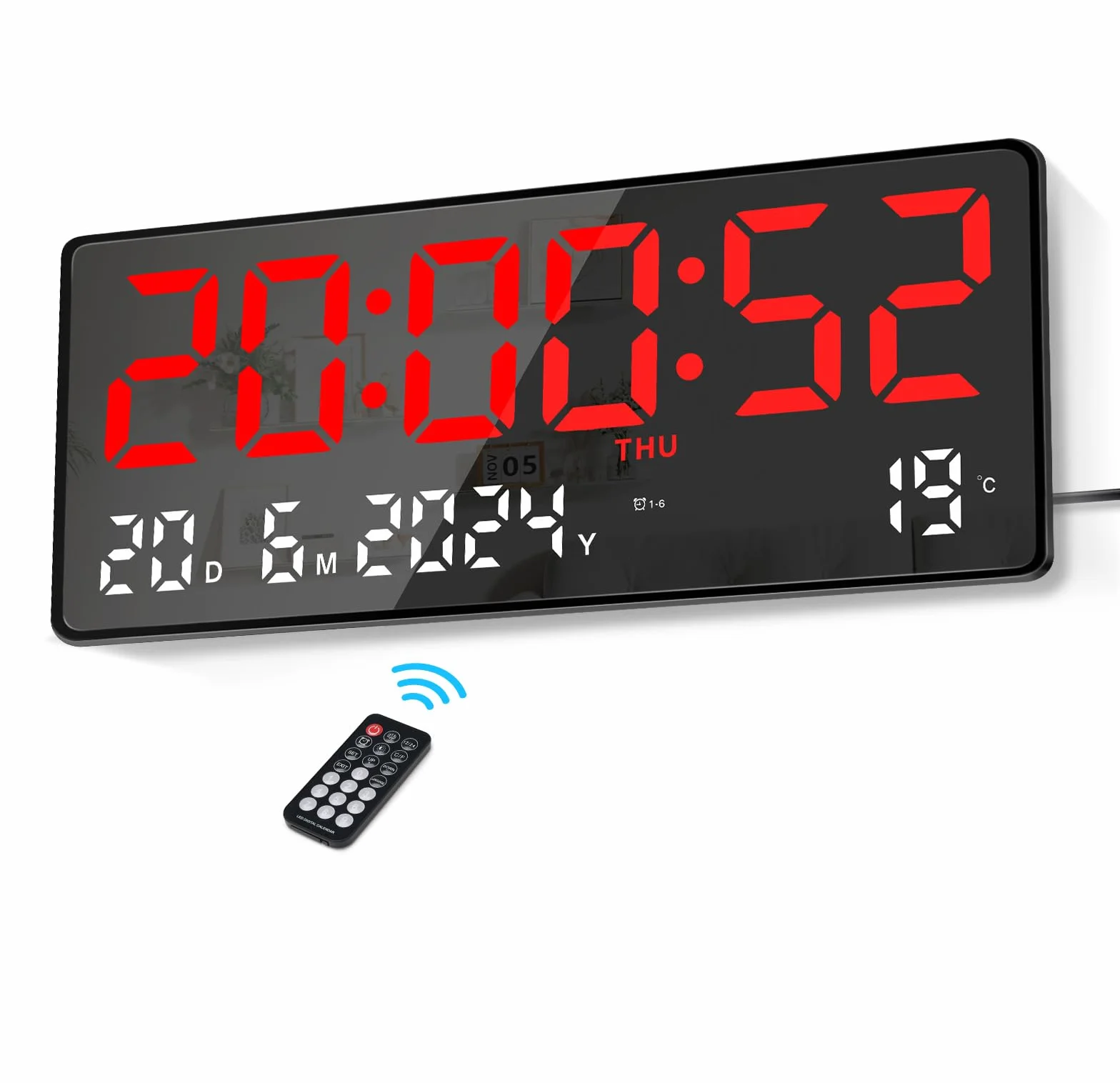 Lafocuse Zegar ścienny 15,5" cyfrowy LED, duży wyświetlacz, cyfrowy zegar ścienny i stołowy z pilotem zdalnego sterowania, dużymi cyframi, datą, temperaturą, tygodniem, nowoczesny zegar do salonu