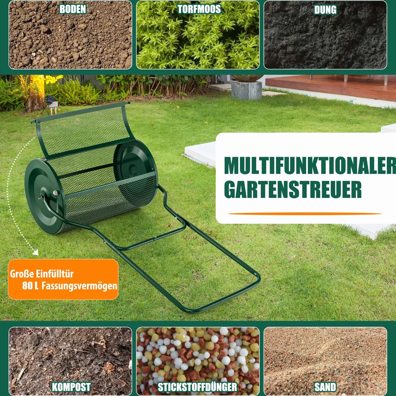 COSTWAY Rozsiewacz kompostowy 80 l, dystrybutor torfowy z uchwytem U, Ø 40 x 68 cm, rozsiewacz nawozu, trawnik, ogród, rozsiewacz nawozów i sadzonek, kompostownik, metal, dystrybutor z koszem z siatki