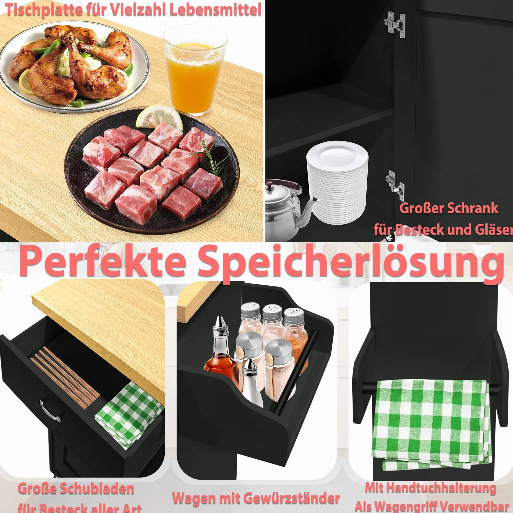 YRHome Ruchome wyspy kuchenne, wózek kuchenny z półką na przyprawy, wieszak na ręczniki i szufladą, wózek kuchenny na kółkach, szafka kuchenna z blatem roboczym, wózek do serwowania, 115 x 36 x 90 cm