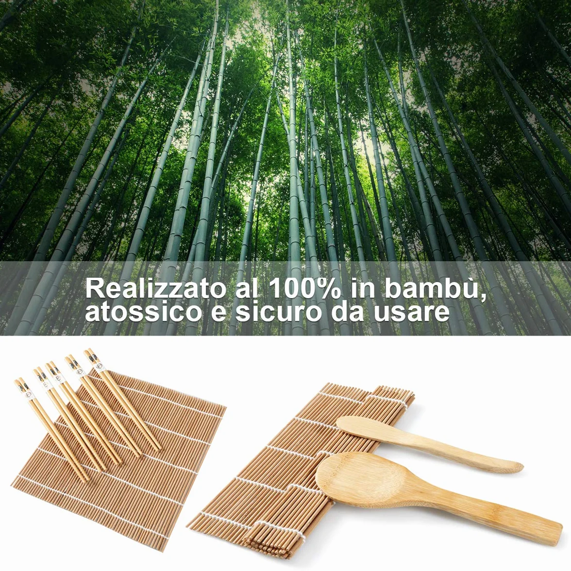 Kompletny Zestaw do Sushi - 10 Bambusowych Elementów, 2 Maty, Łyżka do Ryżu, Nóż, 5 Par Pałeczek, Woreczek z Tkaniny - DIY