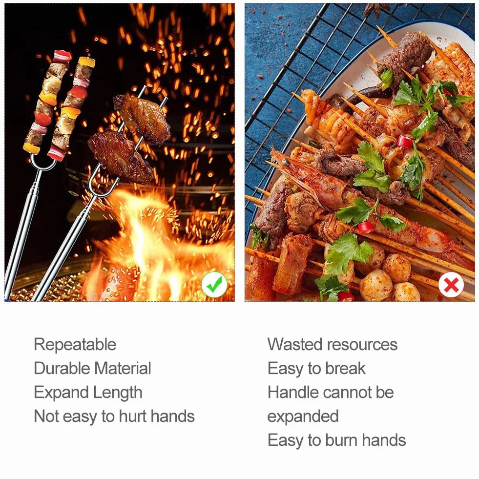 Szaszłyki do grilla, widelce teleskopowe, sztućce do kukurydzy, hot dogi, kebab, długość po złożeniu