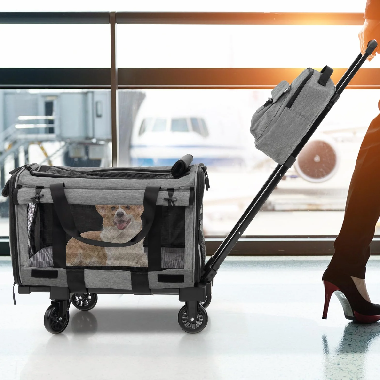 COSTWAY Torba transportowa dla psa i kota z uchwytem teleskopowym i kółkami składana dla małych i średnich zwierząt