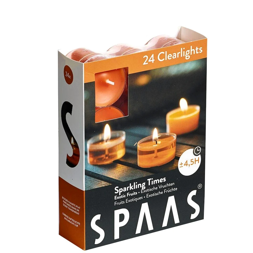 Spaas 24 Scented Clearlights, Tealights in Transparent Clear Cup, 4.5 Hours, Sparkling Times