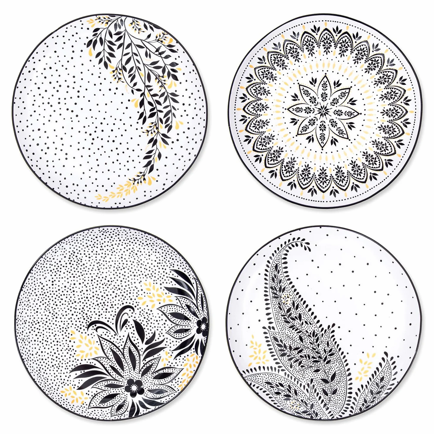 Portmeirion x Sara Miller London Artisanne Noir zestaw 4 talerzy sałatkowych (20,9 cm) – porcelanowe talerze ze złotymi detalami, czarno-biała zastawa stołowa