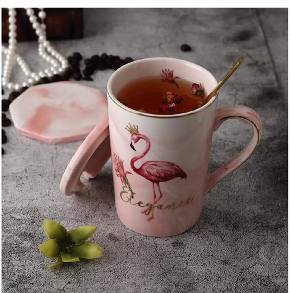 Kubek flamingowy kubek do kawy herbaty ceramiczny porcelanowy kubek z łyżką i pokrywką (flaming różowy, 400 ml)