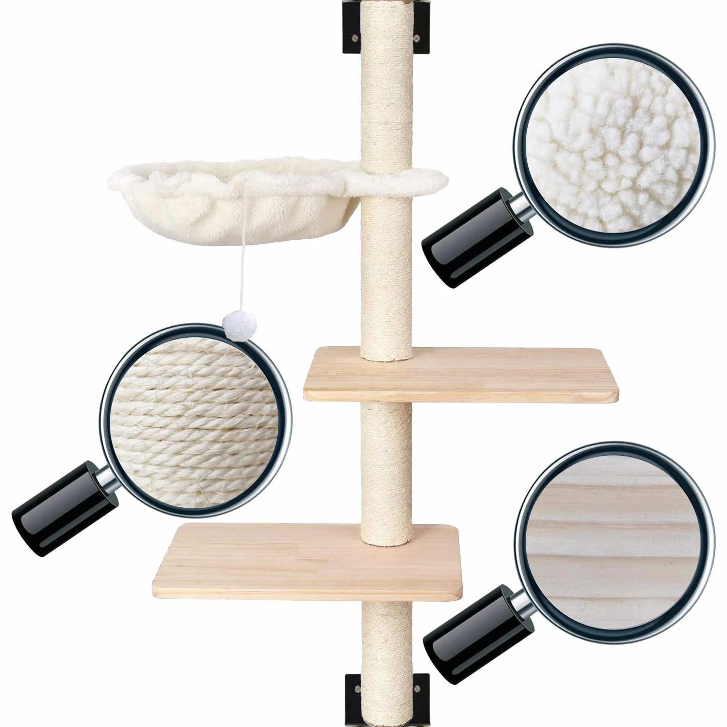 Drapak ścienny dla kotów 104 cm z hamakiem i 2 platformami z litego drewna meble do drapania