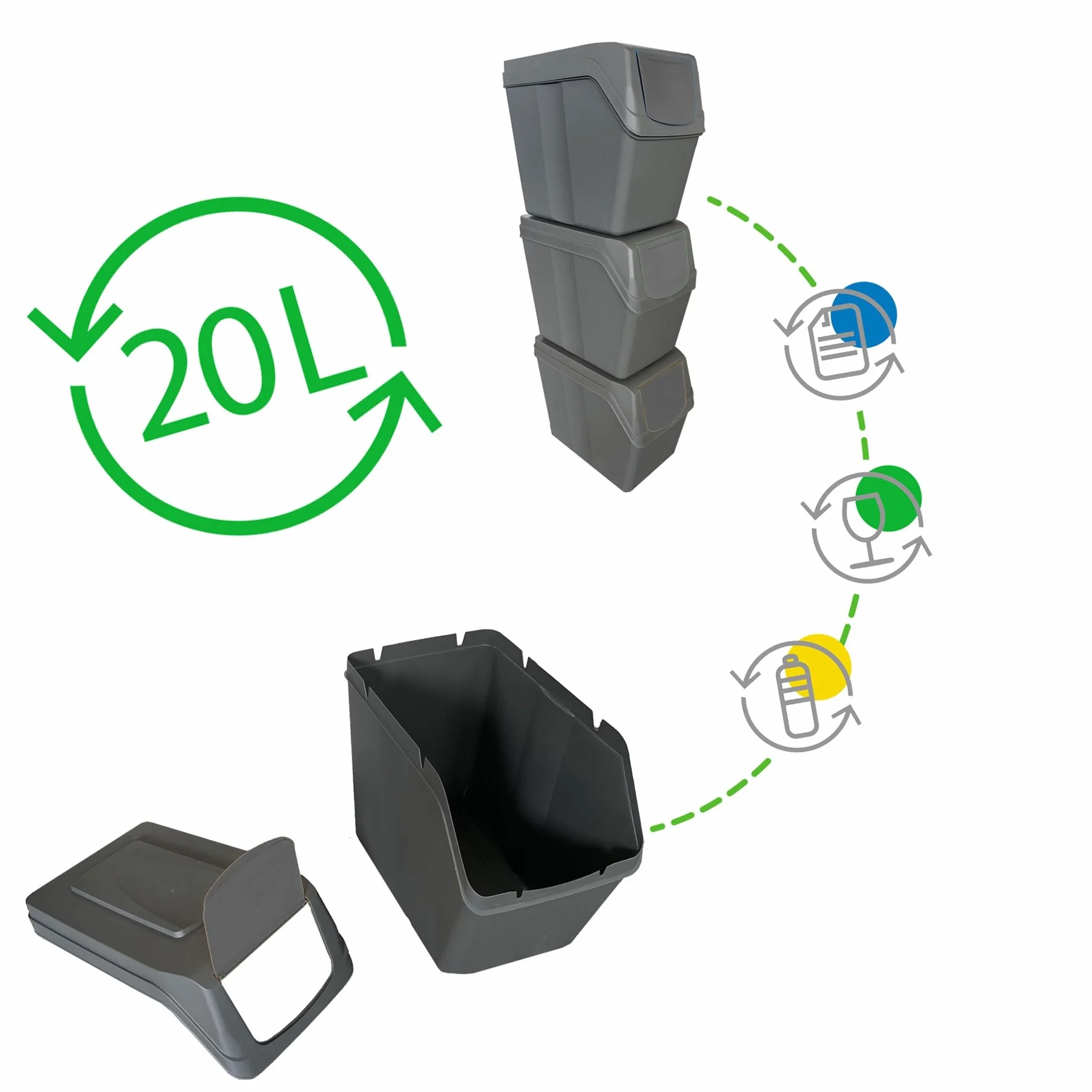Prosperplast Zestaw 3 pojemników na recykling o pojemności 60 litrów przegródek w kolorze szarym 39x23x33 cm