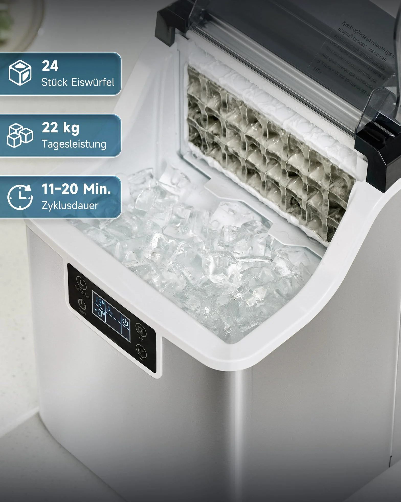 Wilprep mała maszyna do robienia kostek lodu z funkcją samoczyszczenia, 22 kg/24h, kostkarka do lodu ze stali nierdzewnej z ekranem LCD, do biura, restauracji, baru, kawiarni (22 kg wydajność dziennie