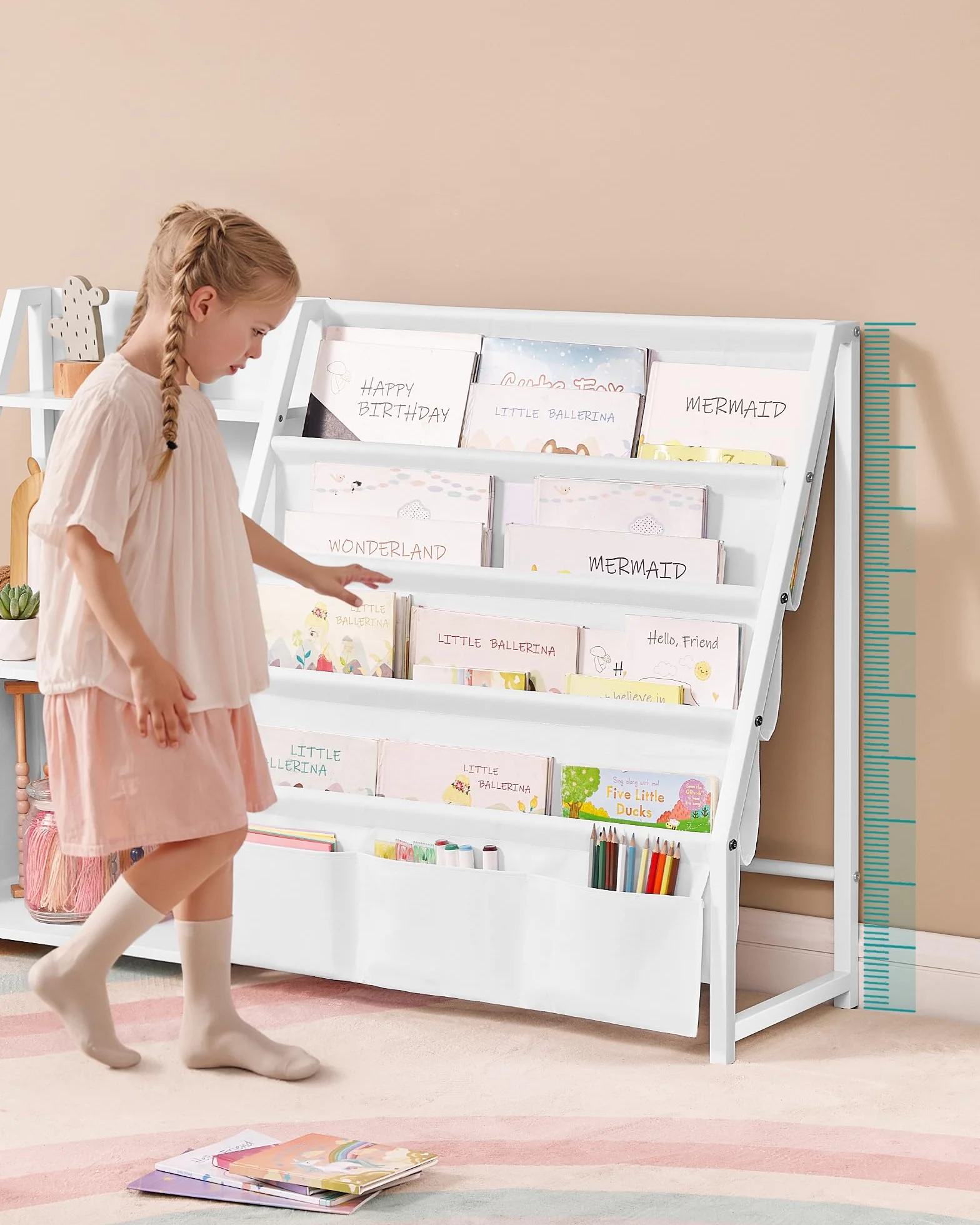 SONGMICS Regał dla dzieci, szafka do przechowywania zabawek, organizer na książki, z kieszenią boczną, wysokość 75 cm, do pokoju dziecięcego, pokoju zabaw, biały GKR024W01