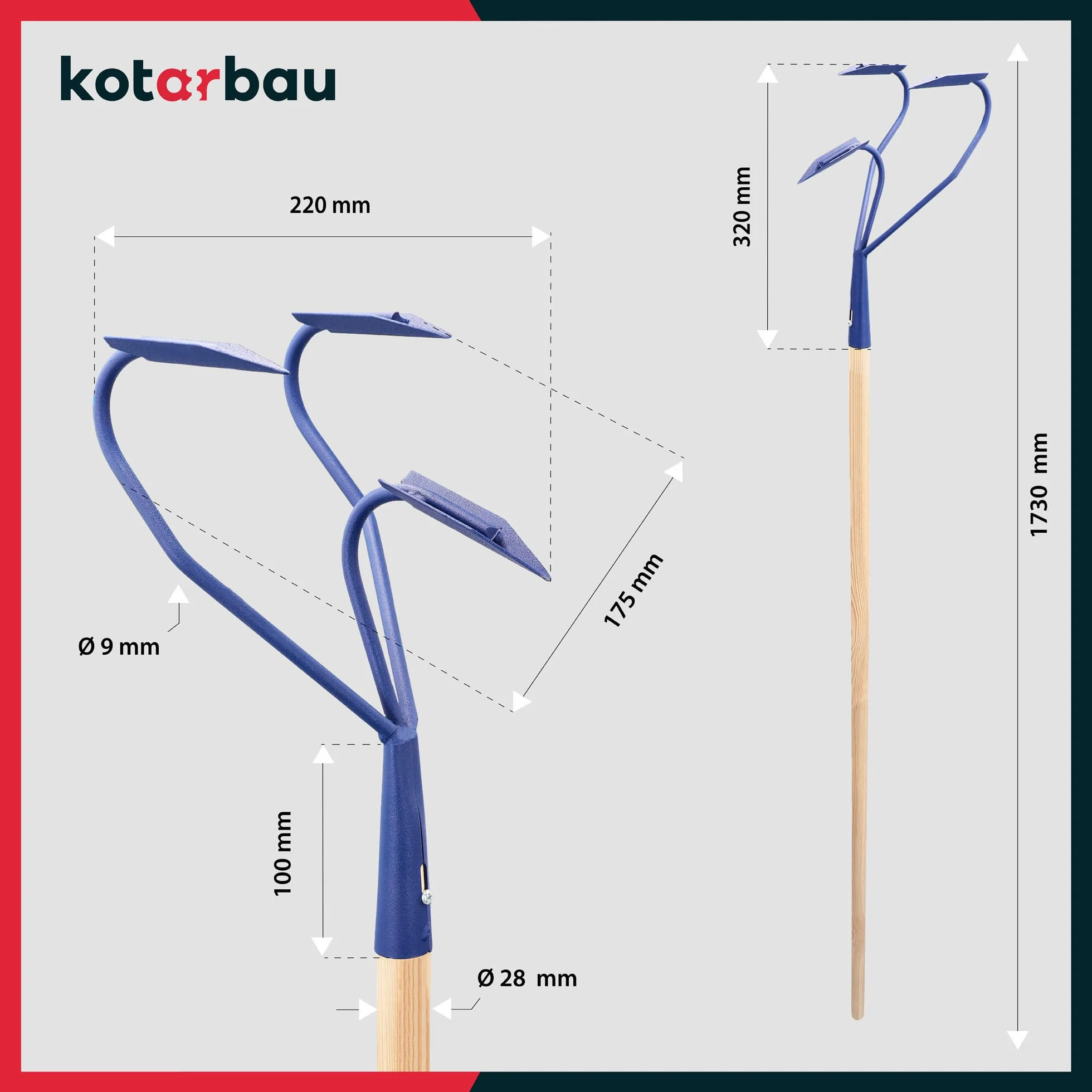 KOTARBAU® Ręczny kultywator z 3 zębami i ostrzami z drewnianym trzonkiem, 170 cm, do chwastów, narzędzie ogrodowe do pielęgnacji ogrodu, kultywator, pług ręczny, akcesoria ogrodowe